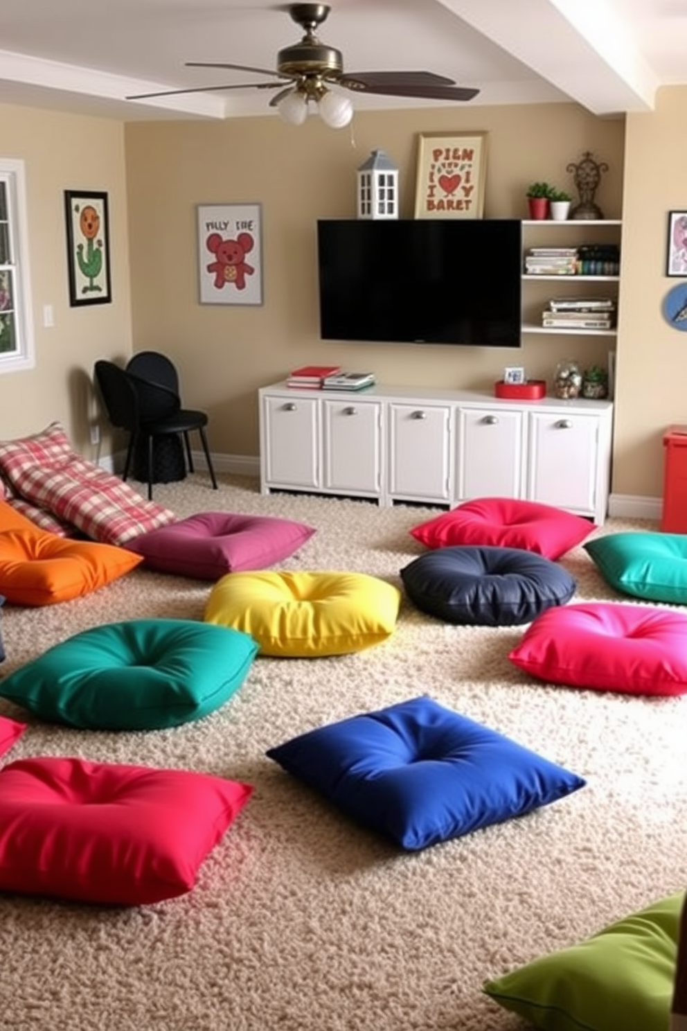 A cozy family game room filled with playful floor cushions in vibrant colors scattered around the space. The walls are adorned with fun artwork and the flooring is a soft, plush carpet to enhance comfort and invite relaxation.