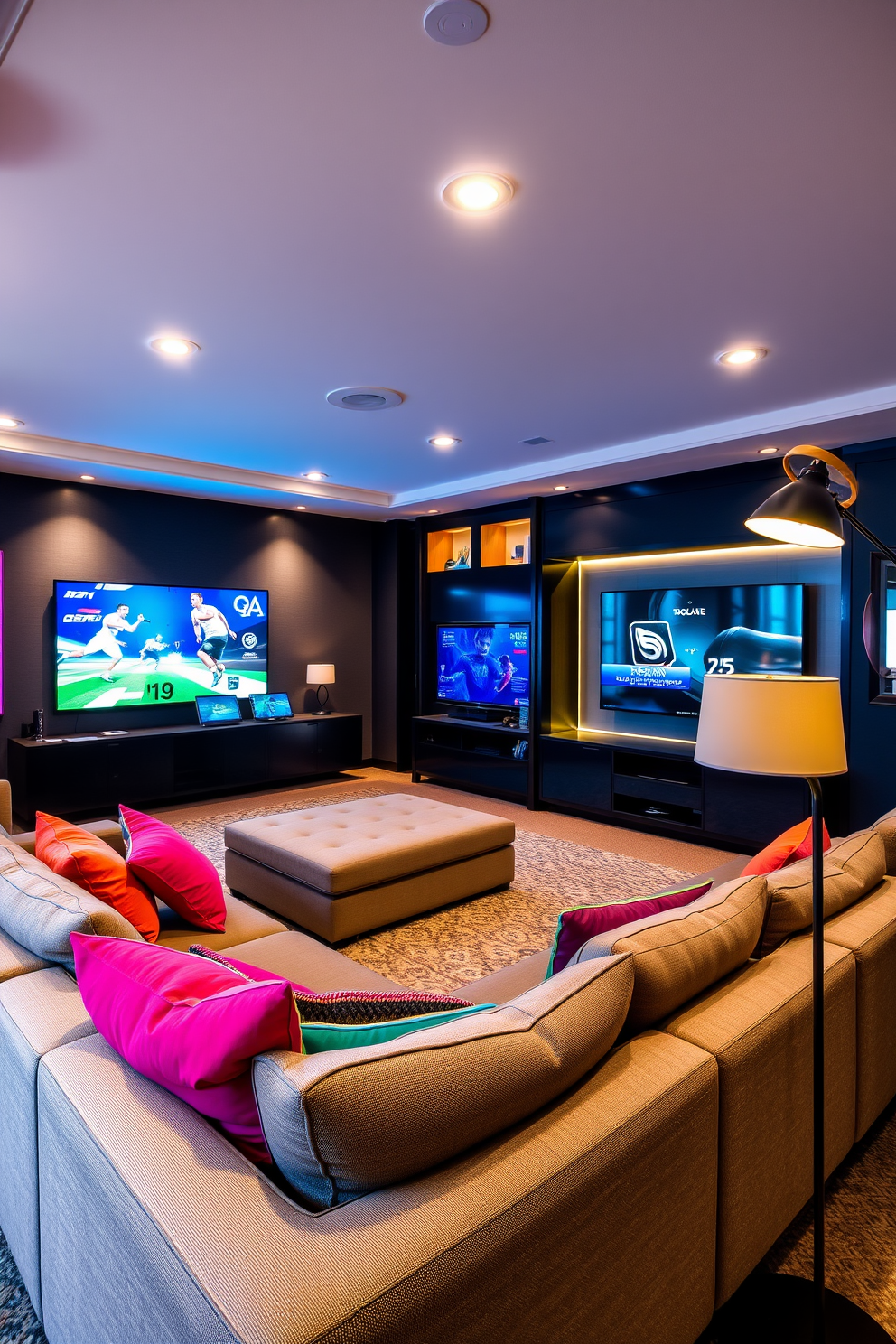 A modern family game room designed for comfort and entertainment. The space features a large sectional sofa in a neutral color, with vibrant throw pillows adding a pop of color. A sleek entertainment center houses the latest gaming systems and a large flat-screen TV. Ambient lighting is provided by recessed lights and stylish floor lamps, creating a cozy atmosphere for family game nights.