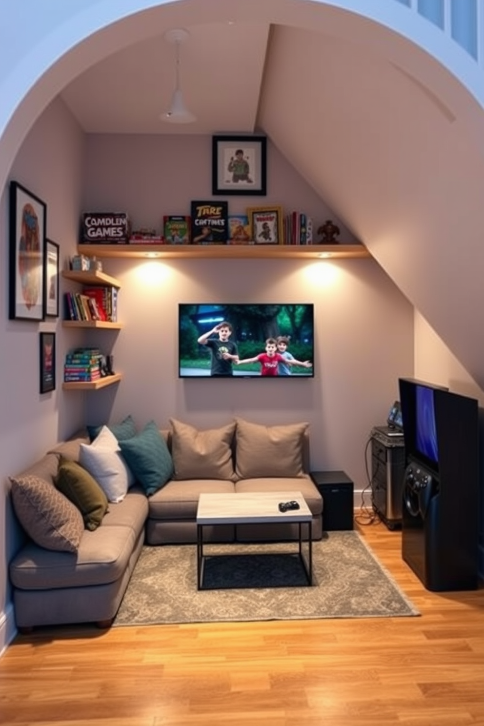 A creative family game room is designed under the stairs, featuring a cozy seating area with plush cushions and a small coffee table. The walls are adorned with colorful artwork and shelves filled with board games, creating an inviting atmosphere for family fun. Incorporated into the design is a compact gaming station with a console and a large screen, perfect for video game nights. Ambient lighting enhances the space, while a rug adds warmth and comfort, making it a perfect retreat for family entertainment.