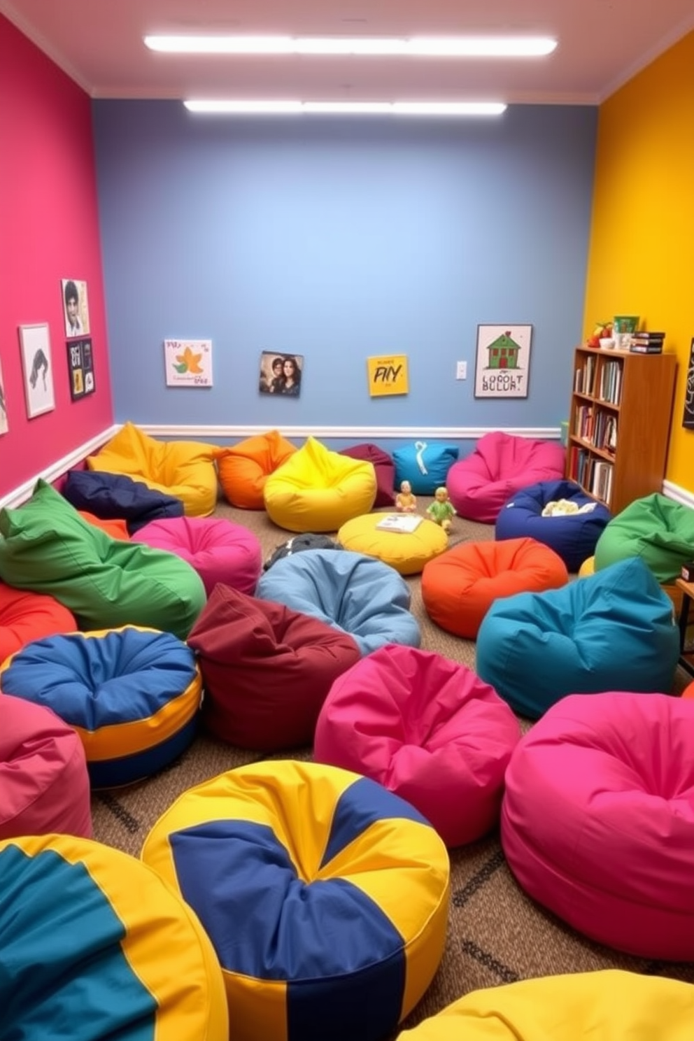 A vibrant family game room filled with colorful bean bags in various shapes and sizes. The walls are painted in a cheerful palette, creating a fun and inviting atmosphere for family and friends.