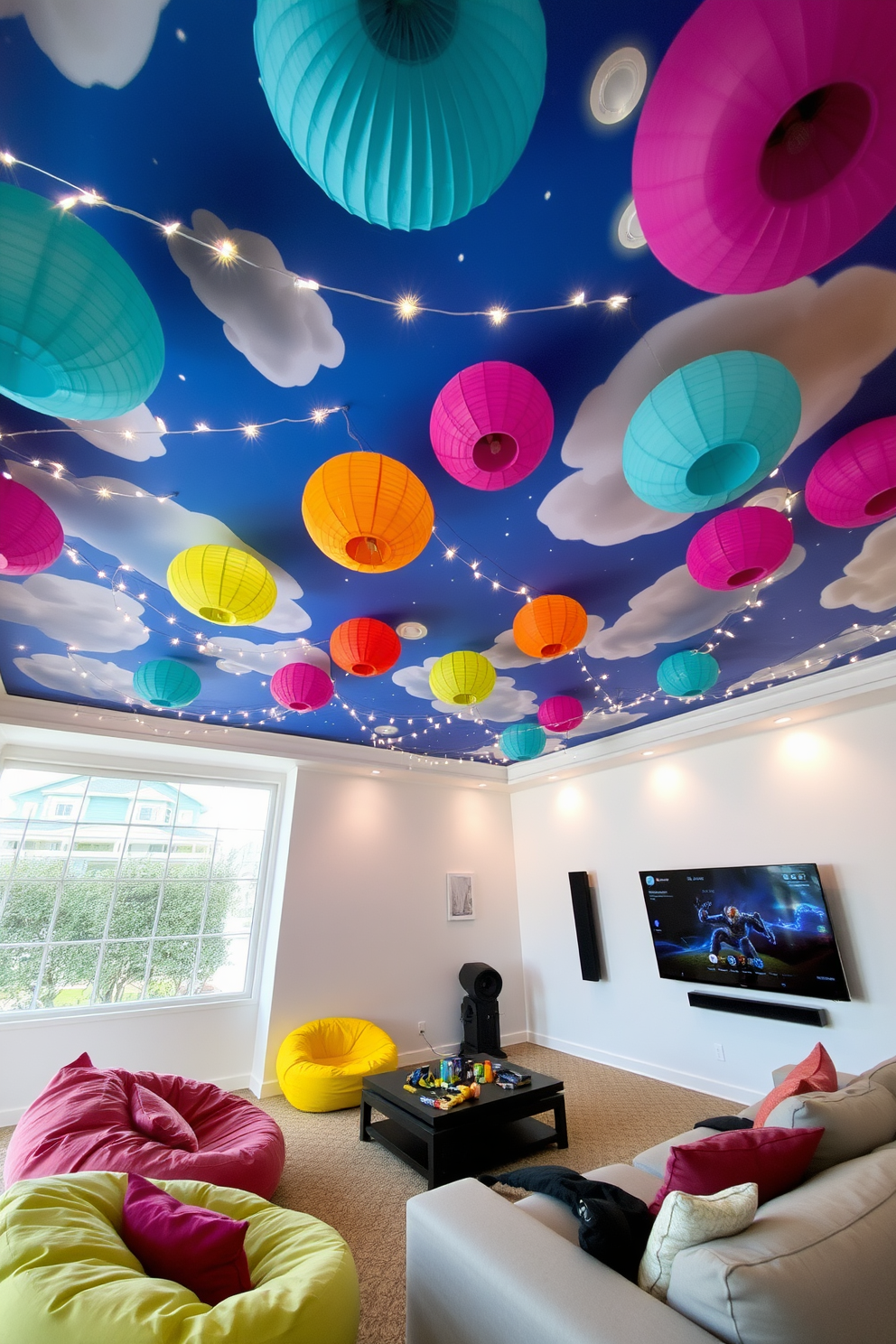 A vibrant ceiling adorned with colorful paper lanterns and twinkling fairy lights creates a playful atmosphere in the family game room. The ceiling features a whimsical mural of clouds and stars, inviting imagination and fun for all ages. The family game room is designed with comfortable seating arrangements, including oversized bean bags and a sectional sofa. A large coffee table in the center holds board games and snacks, while a wall-mounted screen showcases the latest gaming consoles.