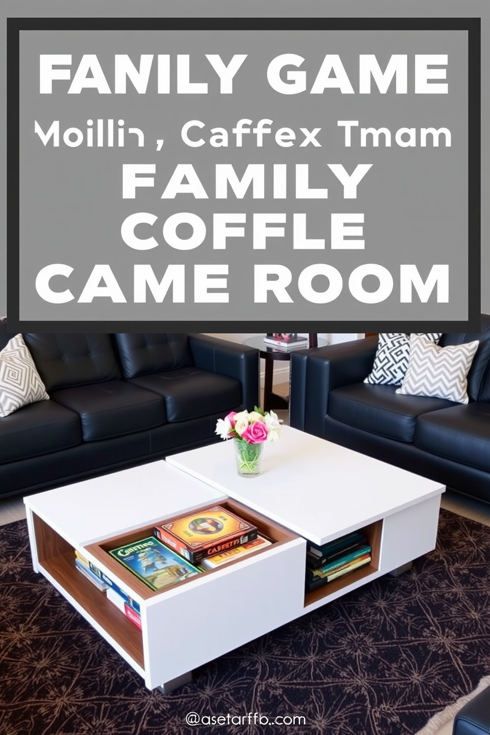 A multi-functional coffee table designed for a family game room. The table features built-in storage for board games and has a sleek, modern finish that complements the cozy seating area.