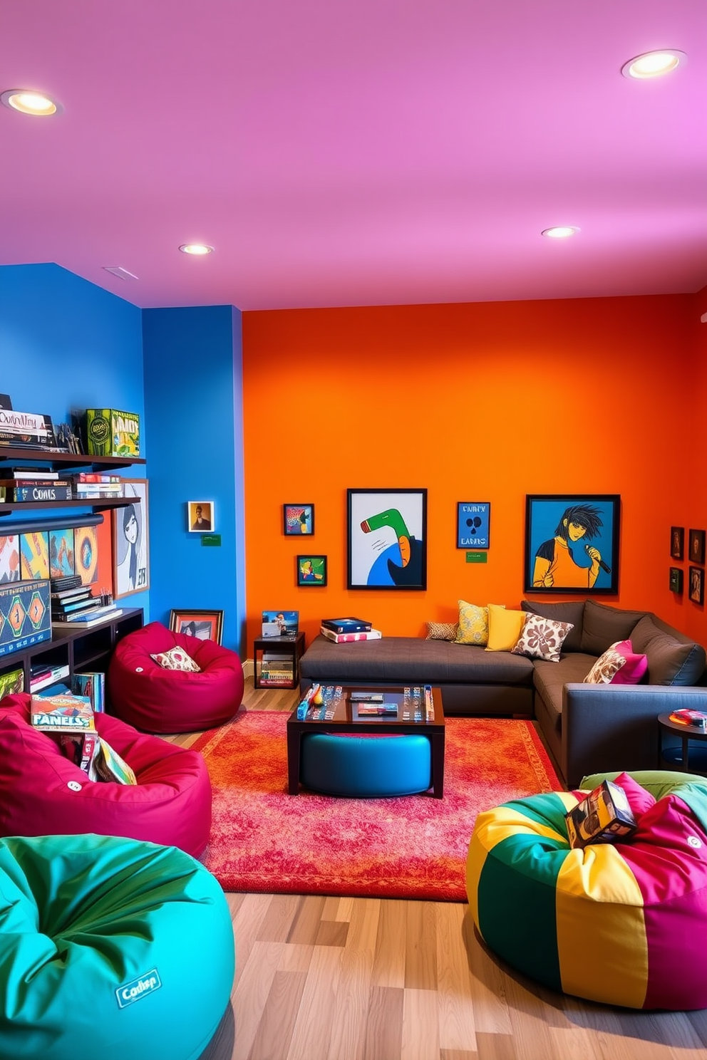 Bright accent walls in vibrant colors create a playful atmosphere that energizes the space. The room features comfortable seating arrangements with oversized bean bags and a sectional sofa, perfect for family gatherings and game nights. Wall-mounted shelves display an array of board games and colorful artwork adds to the fun vibe. A large area rug defines the gaming zone, while soft lighting fixtures enhance the inviting ambiance.