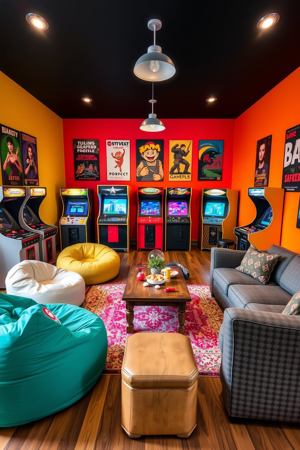 A vibrant family game room filled with retro arcade games creates a nostalgic atmosphere. The walls are painted in bright colors with vintage posters showcasing classic games. Comfortable seating options like bean bags and retro-style couches invite family and friends to relax. A wooden coffee table in the center holds snacks and drinks, enhancing the fun experience.