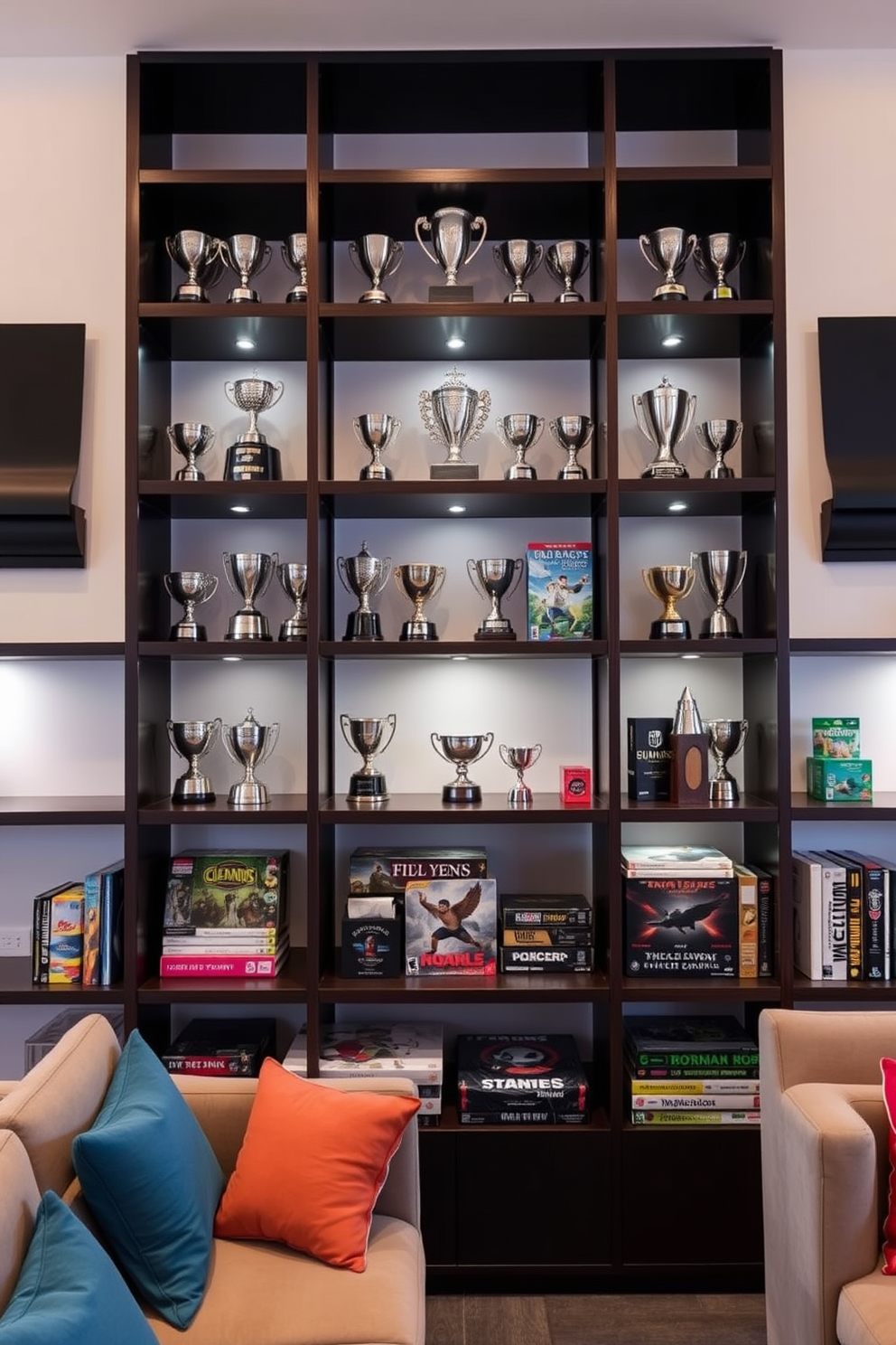 A stylish shelving unit is designed to showcase an impressive collection of trophies and board games. The shelves are made of dark wood with sleek metal accents, creating a modern yet inviting atmosphere. The game room features a comfortable seating area with plush sofas and vibrant cushions. Soft lighting highlights the shelves, drawing attention to the carefully arranged trophies and game boxes.