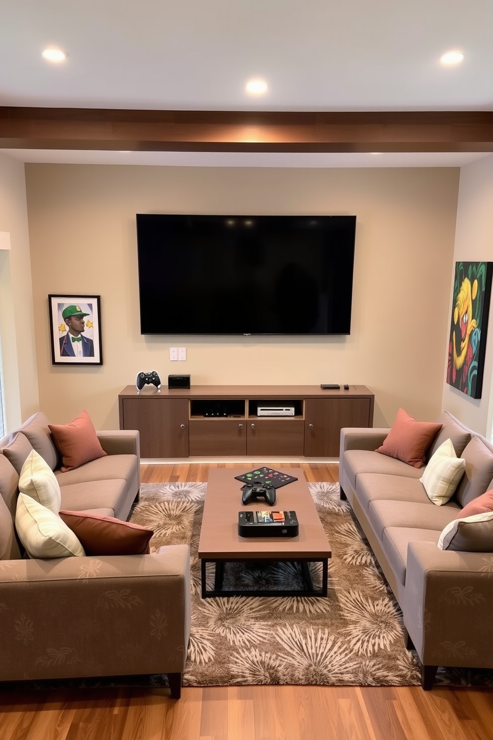 A large wall-mounted TV is the focal point of the family game room, positioned above a sleek entertainment unit that provides ample storage for games and consoles. Surrounding the TV, comfortable sectional sofas in a modern fabric create an inviting space for family and friends to gather for movie nights. The walls are painted in a warm neutral tone, accented by vibrant artwork that reflects the family's personality. A plush area rug anchors the seating arrangement, while a stylish coffee table offers a convenient spot for snacks and drinks during game nights.