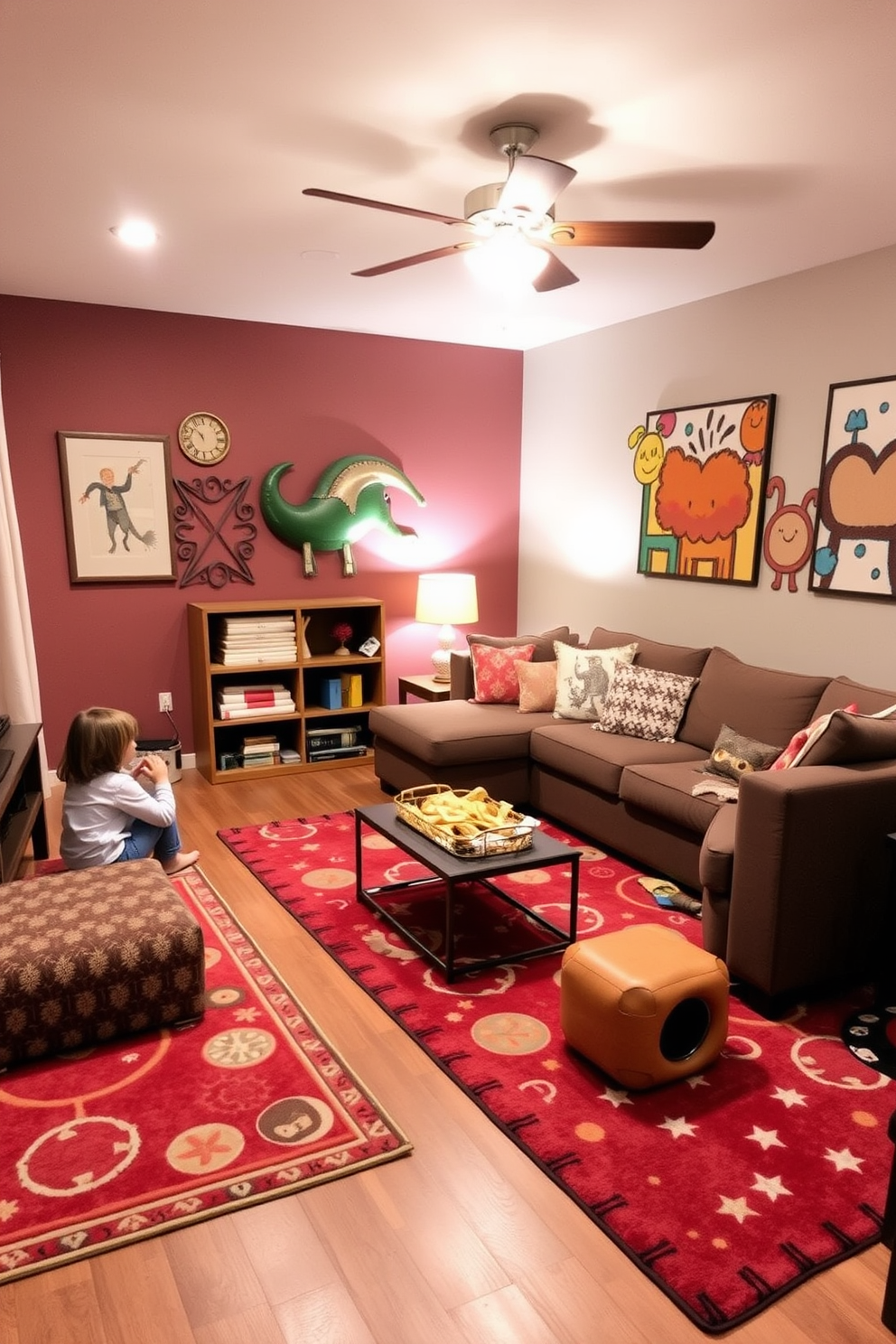 A cozy family game room features soft area rugs that provide comfort underfoot and enhance safety during play. The room is designed with a large sectional sofa, a coffee table for snacks, and vibrant wall art that reflects a fun and inviting atmosphere.