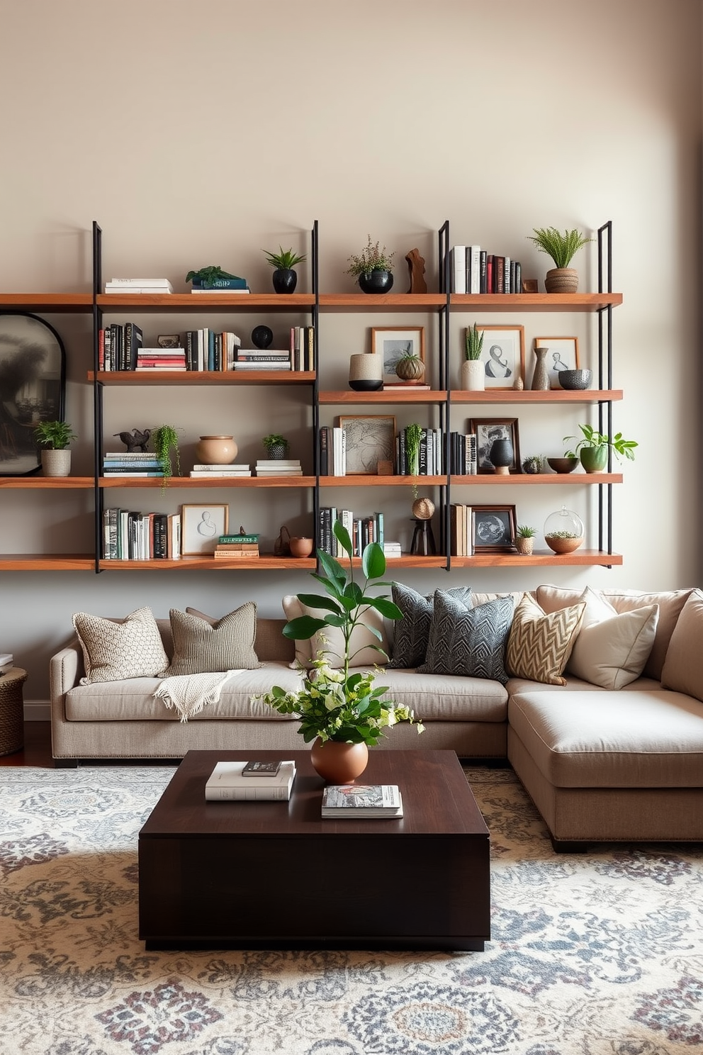 A cozy family room featuring a large sectional sofa in a soft gray fabric, adorned with colorful throw pillows. Natural light floods the space through large windows, highlighting a beautiful indoor plant in the corner next to a stylish coffee table. The walls are painted in a warm beige tone, creating a welcoming atmosphere. A large area rug anchors the seating arrangement, while framed family photos add a personal touch to the decor.