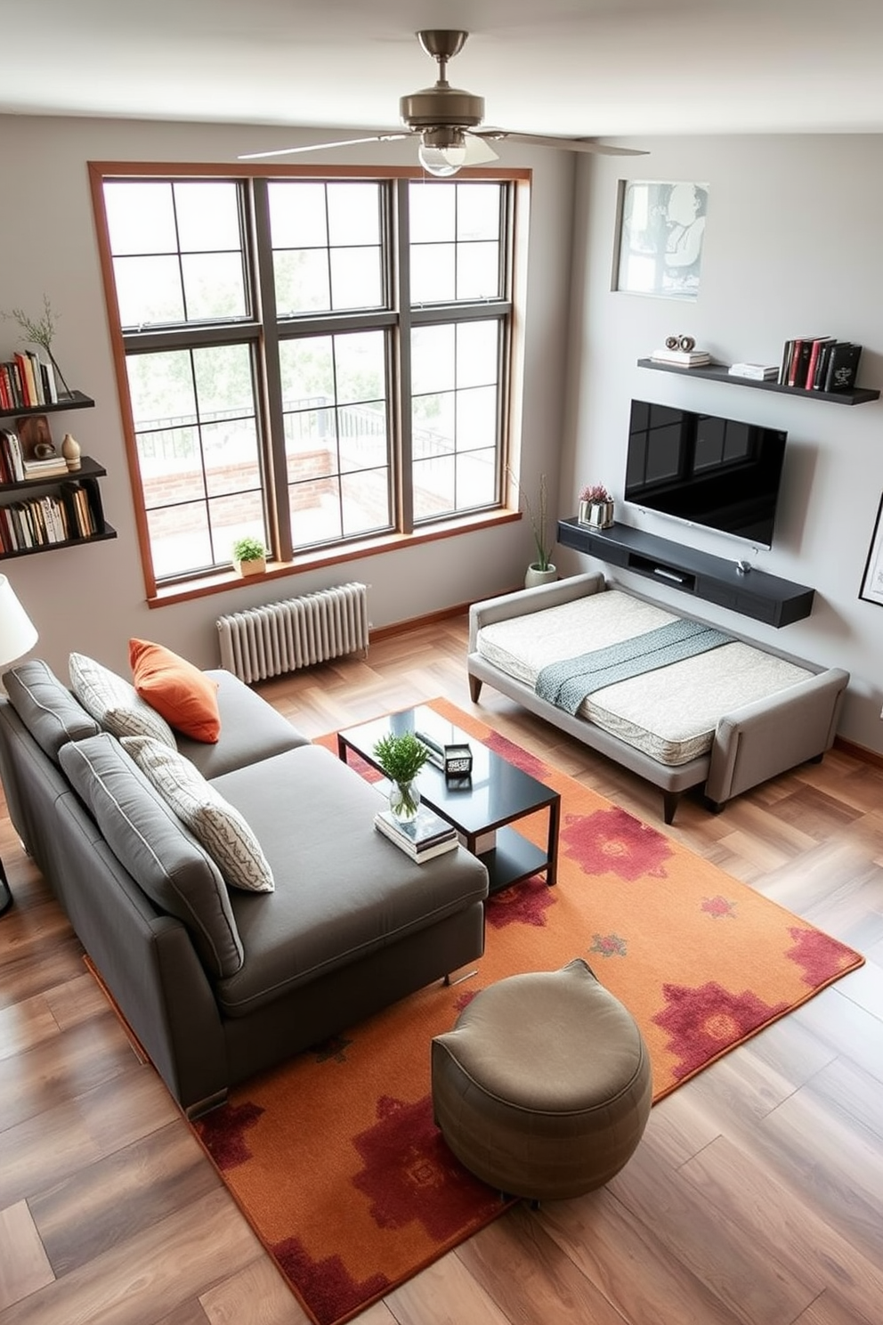 A cozy family room featuring a stylish sectional sofa that can be converted into a bed. The room also includes a sleek coffee table with hidden storage and a wall-mounted TV to save space. A vibrant area rug defines the seating area, while floating shelves display books and decorative items. Large windows allow natural light to fill the room, enhancing the welcoming atmosphere.