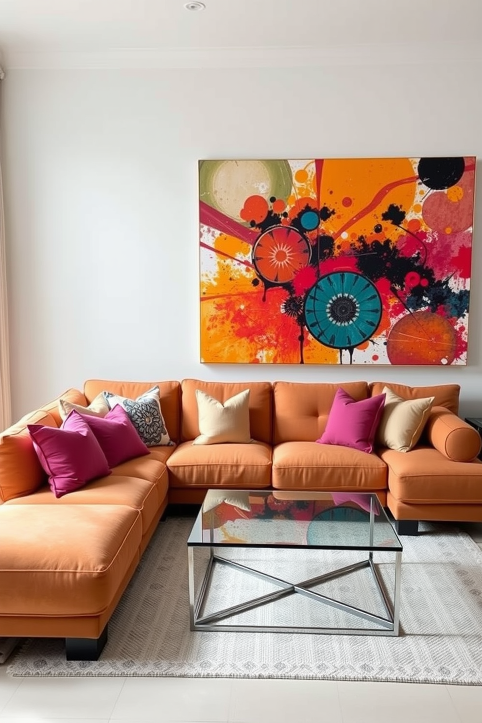 Bright artwork to energize the space. A large canvas featuring vibrant abstract patterns hangs over a plush sectional sofa in a warm neutral tone. The walls are painted a soft white to enhance the artwork's colors. A sleek coffee table with a glass top sits in front of the sofa, surrounded by colorful accent pillows.