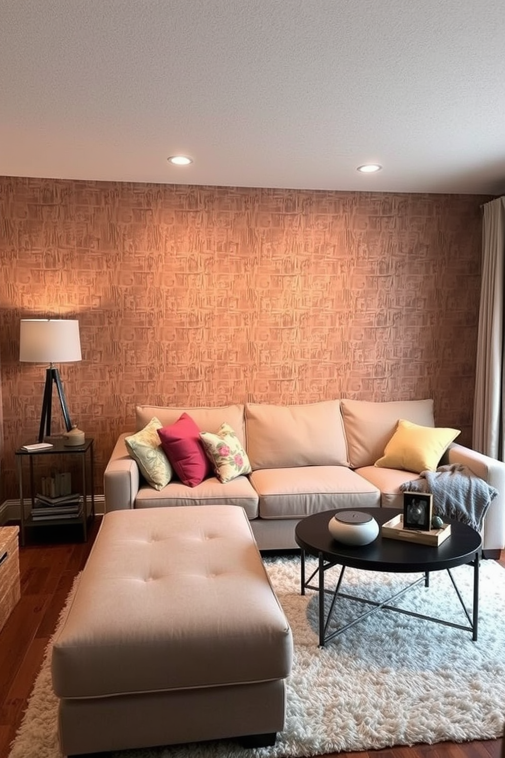 A cozy family room designed with warm wood tones creates an inviting atmosphere. The space features a large wooden coffee table at the center, surrounded by plush sofas adorned with soft cushions in neutral colors. A beautiful wooden bookshelf lines one wall, filled with books and decorative items. Soft lighting from stylish floor lamps enhances the warmth, while a large area rug with earthy tones anchors the seating area.