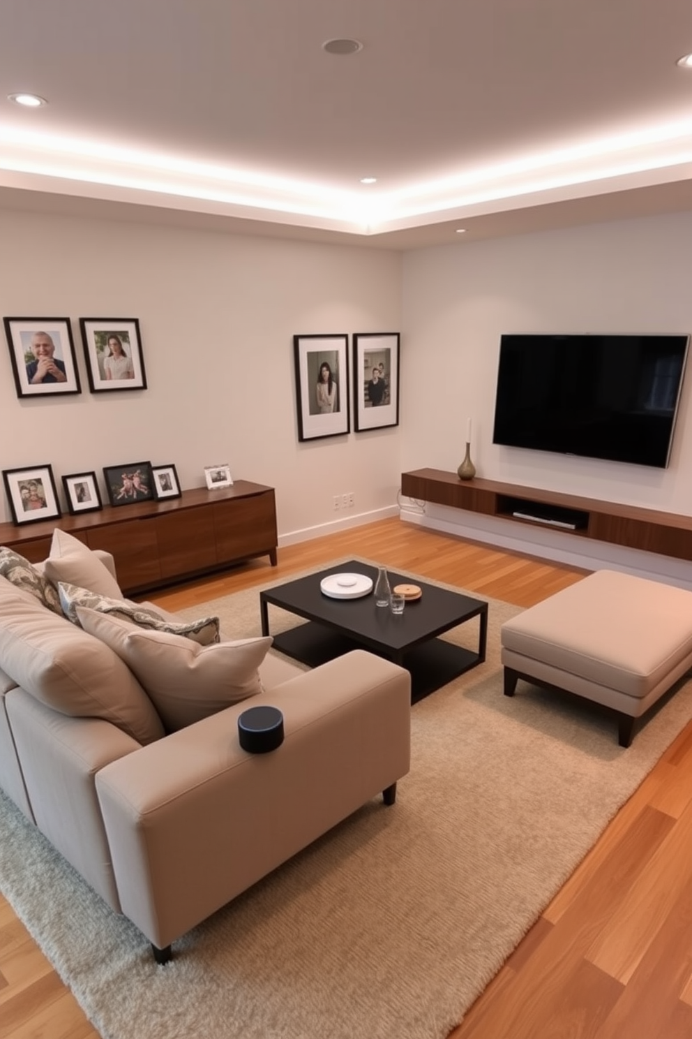 A cozy family room featuring a modern fireplace set into a stone accent wall. The room is furnished with a large sectional sofa in soft gray fabric, complemented by colorful throw pillows and a plush area rug. Natural light floods in through large windows, enhancing the inviting atmosphere. A wooden coffee table sits in the center, adorned with decorative books and a candle arrangement.