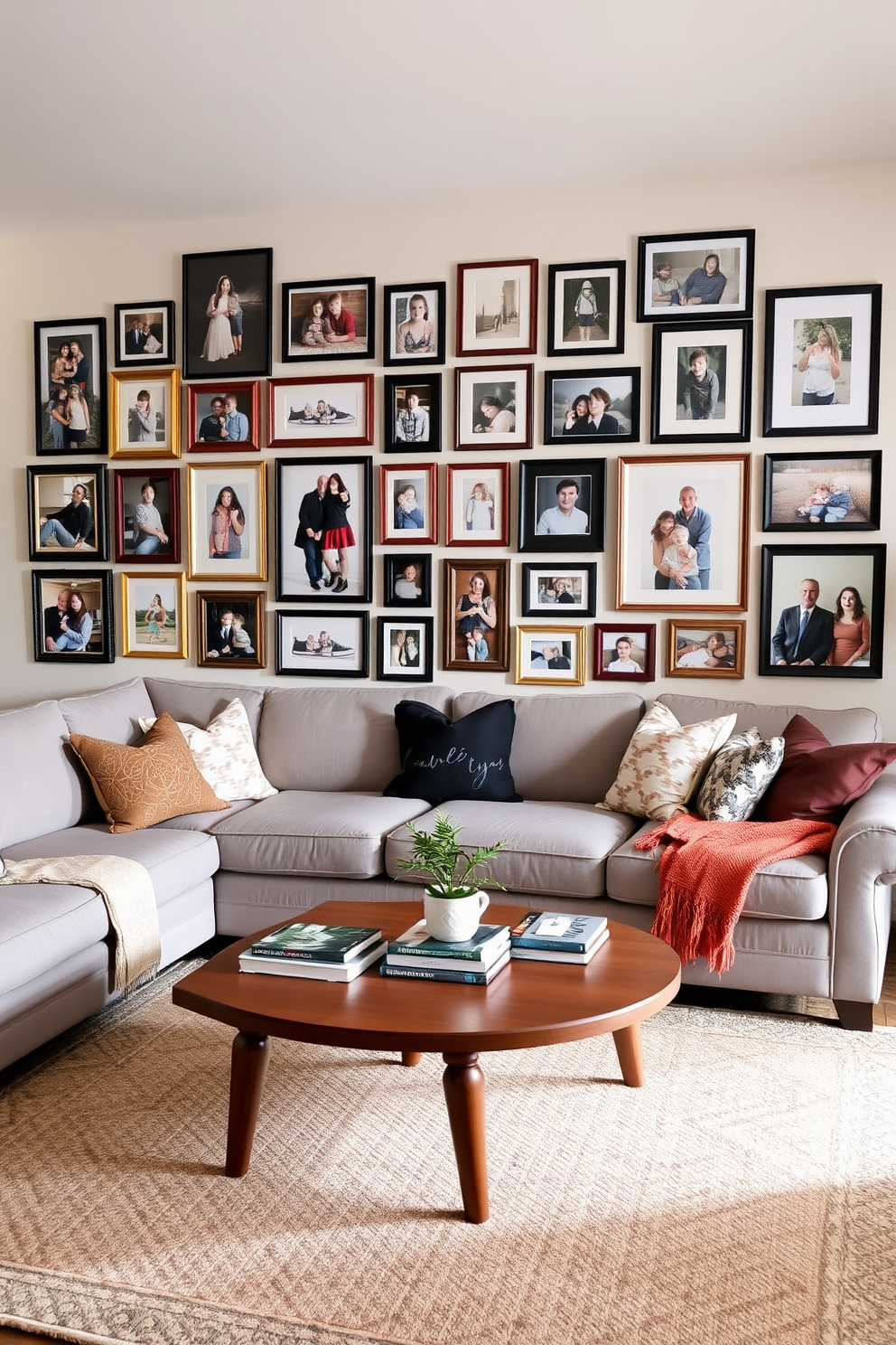 A gallery wall featuring an eclectic mix of family photos and vibrant artwork creates a personal and inviting atmosphere. The wall is adorned with frames of various sizes and styles, showcasing cherished memories and artistic expressions. The family room is designed for comfort and relaxation, with a plush sectional sofa in neutral tones facing a modern fireplace. A large area rug anchors the space, while colorful throw pillows and a coffee table adorned with books and decorative items add warmth and personality.