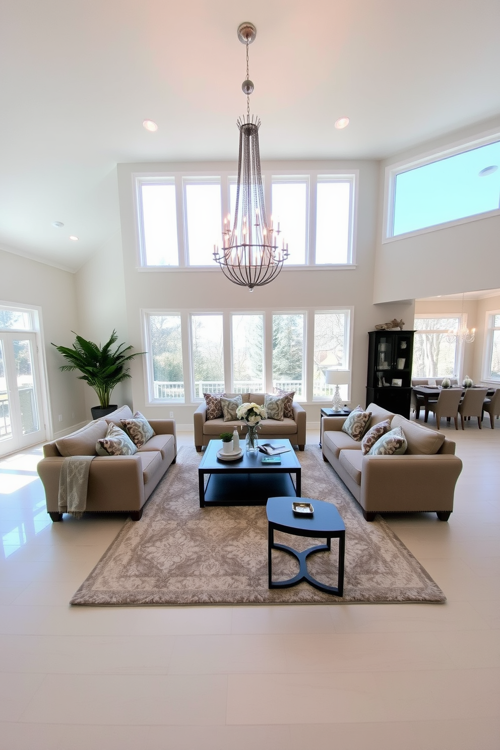 A family room featuring bold wallpaper that adds character and depth to the space. The walls are adorned with a striking geometric pattern in vibrant colors, creating a focal point in the room. In the center, a plush sectional sofa is arranged for comfort, complemented by colorful throw pillows. A sleek coffee table sits atop a soft area rug, enhancing the cozy atmosphere of the family gathering space.