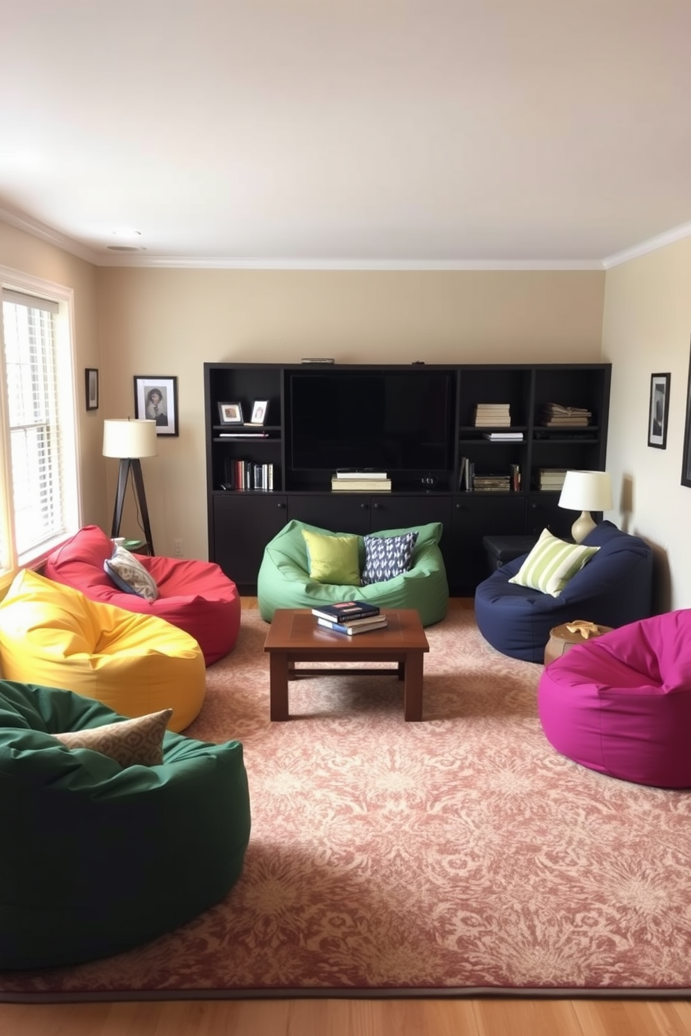 A family room designed with comfort and style features oversized artwork as a focal point above a plush sectional sofa. The walls are painted in a warm neutral tone, complemented by a cozy area rug and accent pillows in vibrant colors. Natural light floods the space through large windows, enhancing the inviting atmosphere. A stylish coffee table sits in the center, surrounded by tasteful decor and a few carefully chosen books.