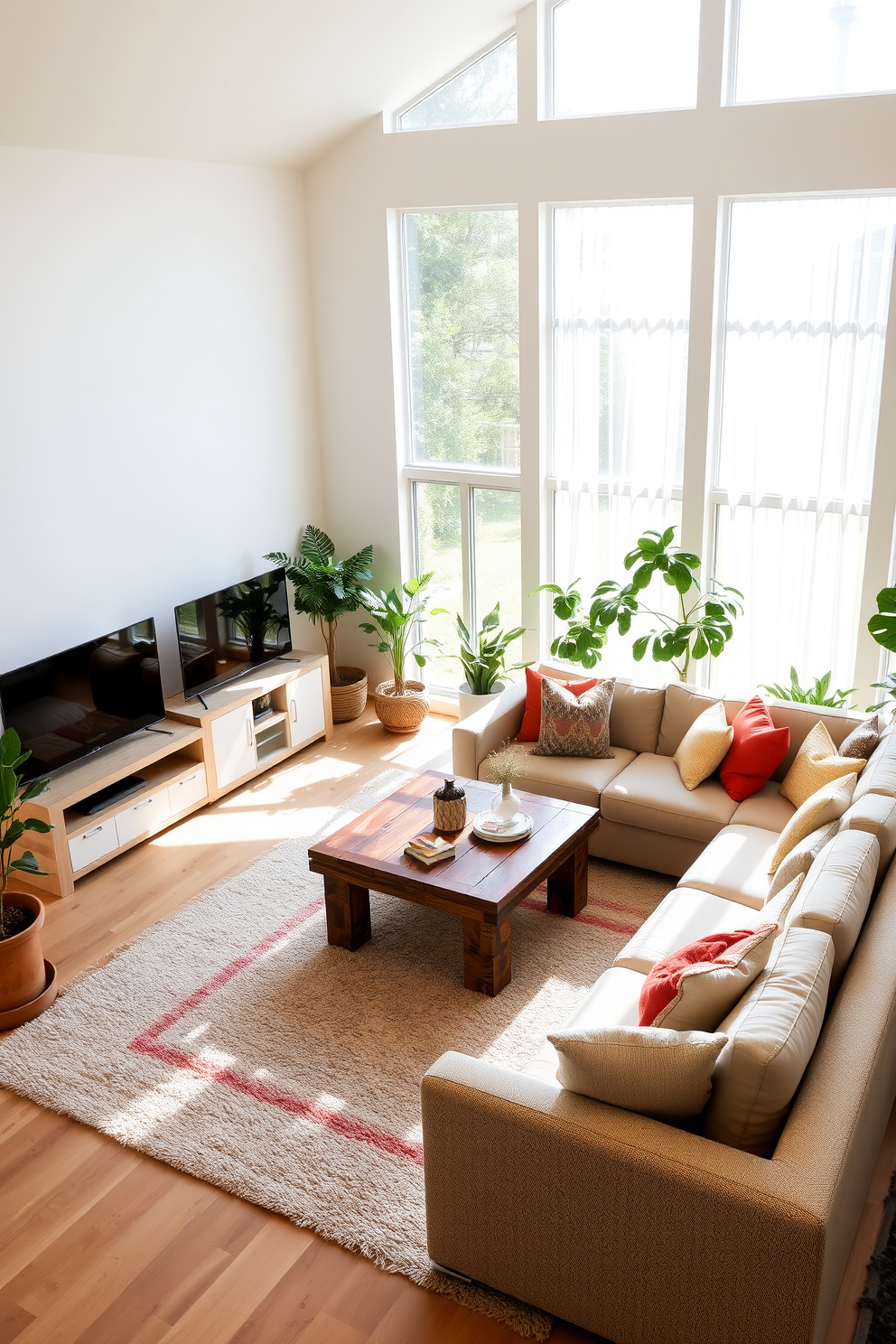 A contemporary family room featuring bold color blocking with a striking blue sectional sofa paired with a vibrant yellow accent chair. The walls are painted in a soft gray, and a large abstract artwork with splashes of red and orange serves as a focal point above the fireplace. The coffee table is a sleek glass design, surrounded by a plush area rug that incorporates the room's color palette. Floor-to-ceiling windows allow natural light to flood the space, complemented by sheer white curtains that add an airy feel.