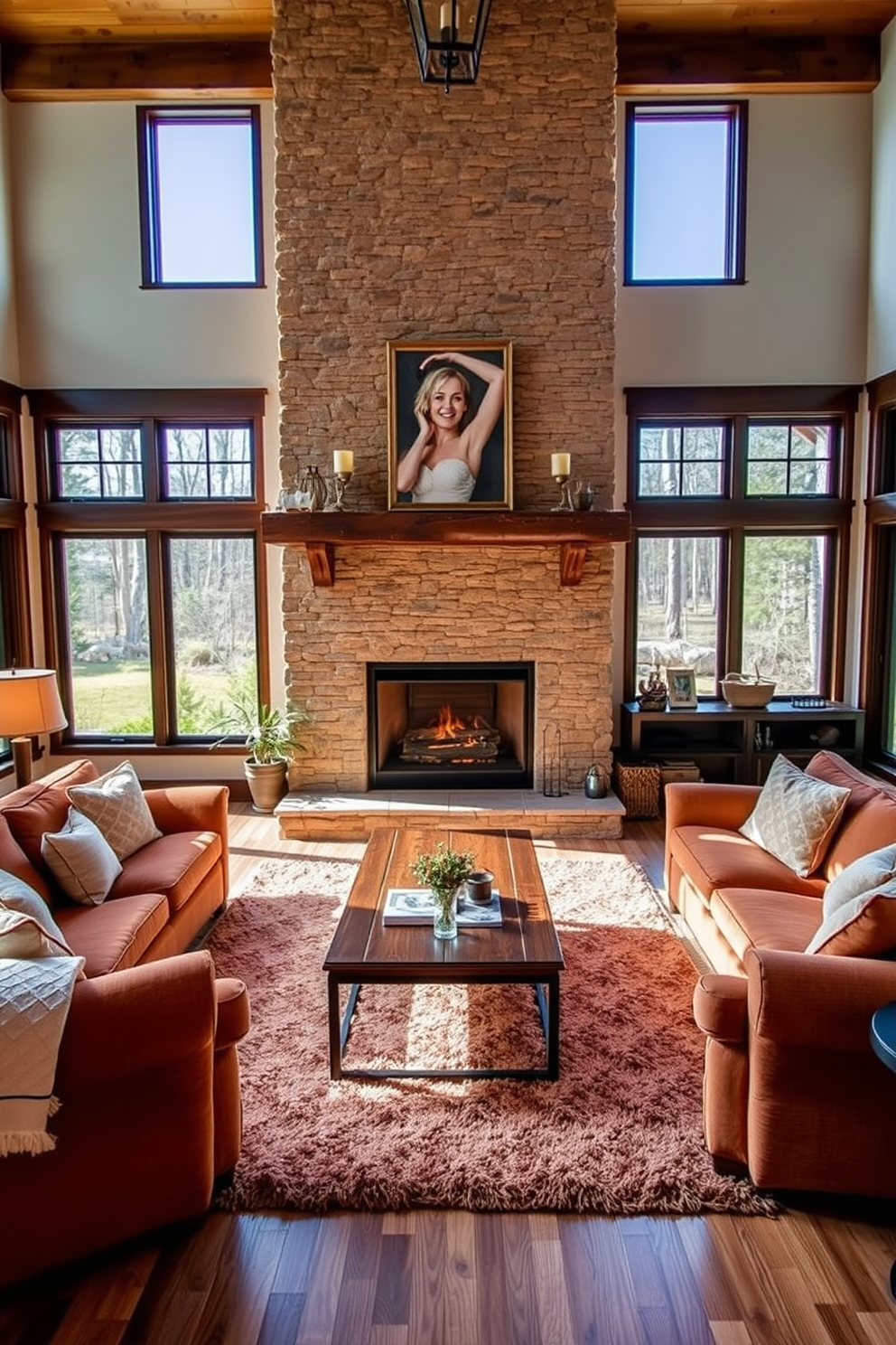 A cozy movie night setup with a large, plush sectional sofa covered in soft, textured blankets. The room features a warm color palette with dimmable lighting, a large flat-screen TV mounted on the wall, and a collection of framed movie posters. A rustic coffee table made of reclaimed wood sits in the center, surrounded by oversized cushions and a few decorative throw pillows. Soft, ambient lighting from floor lamps creates an inviting atmosphere, while a popcorn machine adds a fun touch to the space.