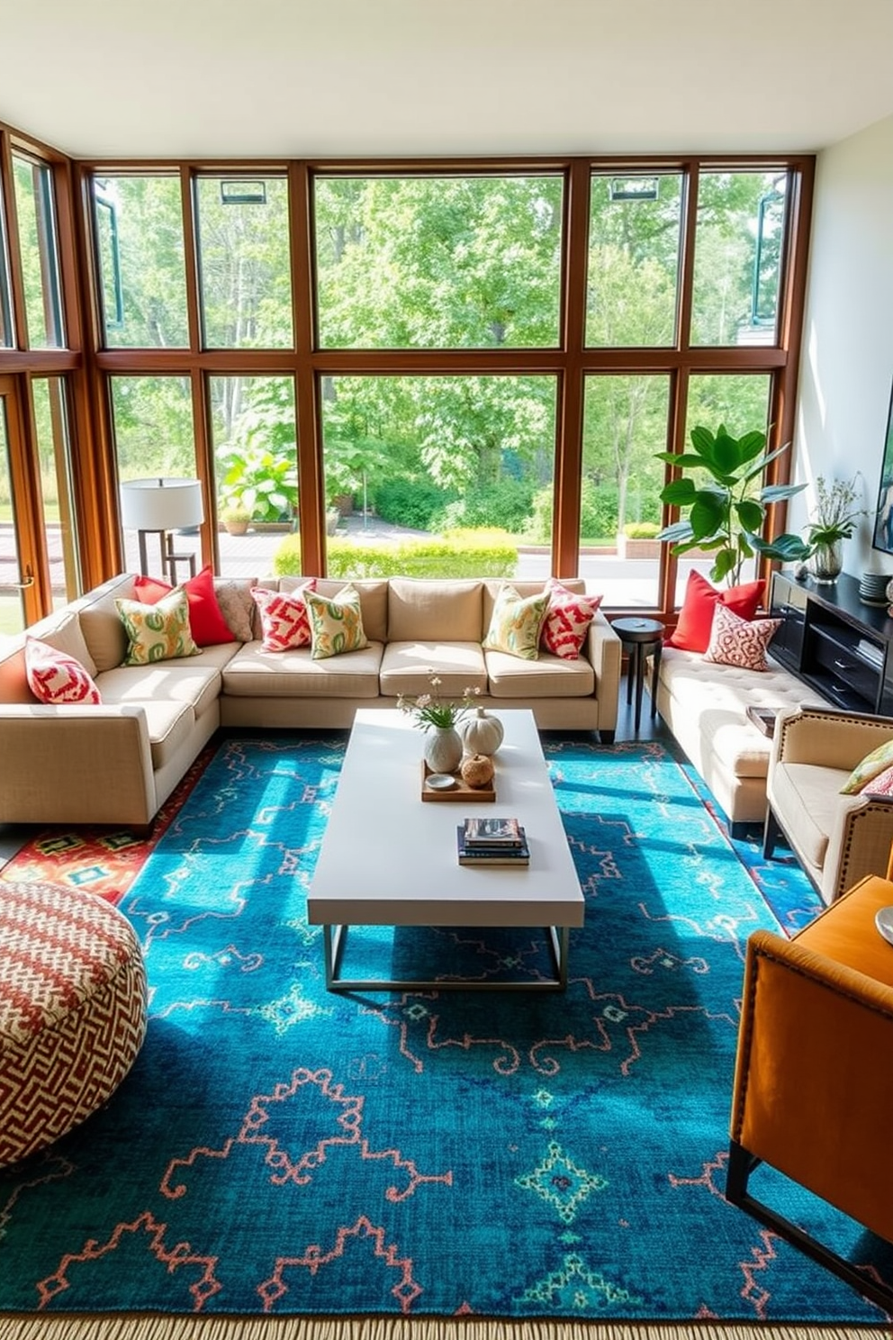 A cozy family room featuring a large leather sectional sofa in a rich brown hue. Complementing the sofa, there are soft fabric throw pillows in various patterns and colors scattered across the seating. In the center, a sleek metal coffee table adds a modern touch to the space. The walls are adorned with textured wallpaper, creating a warm and inviting atmosphere.