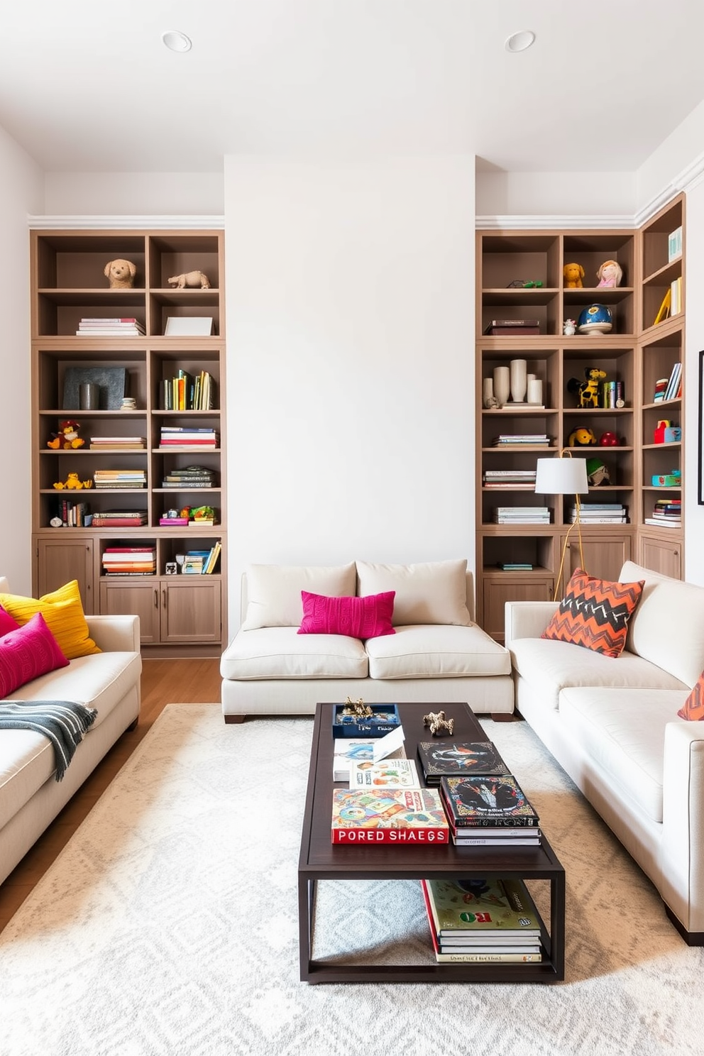 A cozy family room designed for comfort and style. The focal point is a plush sectional sofa in a soft gray fabric, complemented by a large area rug with a geometric pattern beneath it. A statement light fixture hangs from the ceiling, adding a dramatic touch to the space. The walls are painted in a warm beige tone, and a wooden coffee table sits at the center, adorned with coffee table books and a decorative bowl.