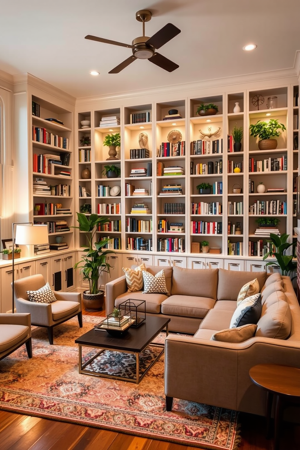 A bold area rug anchors the family room, featuring vibrant colors and intricate patterns that complement the overall decor. Surrounding the rug, a cozy sectional sofa in a neutral tone invites relaxation, while accent pillows add pops of color. In one corner, a sleek coffee table made of reclaimed wood offers a rustic touch, adorned with a stack of art books and a decorative bowl. The walls are painted in a soft beige, creating a warm backdrop for framed artwork that reflects personal style.