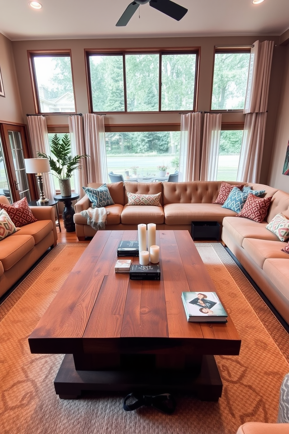 A cozy family room featuring a blend of vintage and modern furniture pieces. A plush mid-century sofa is paired with a rustic wooden coffee table, while an antique armchair adds character to the space. The walls are painted in a soft beige, creating a warm backdrop for the room. A large area rug with geometric patterns anchors the seating area, and a collection of framed artwork adorns the walls.