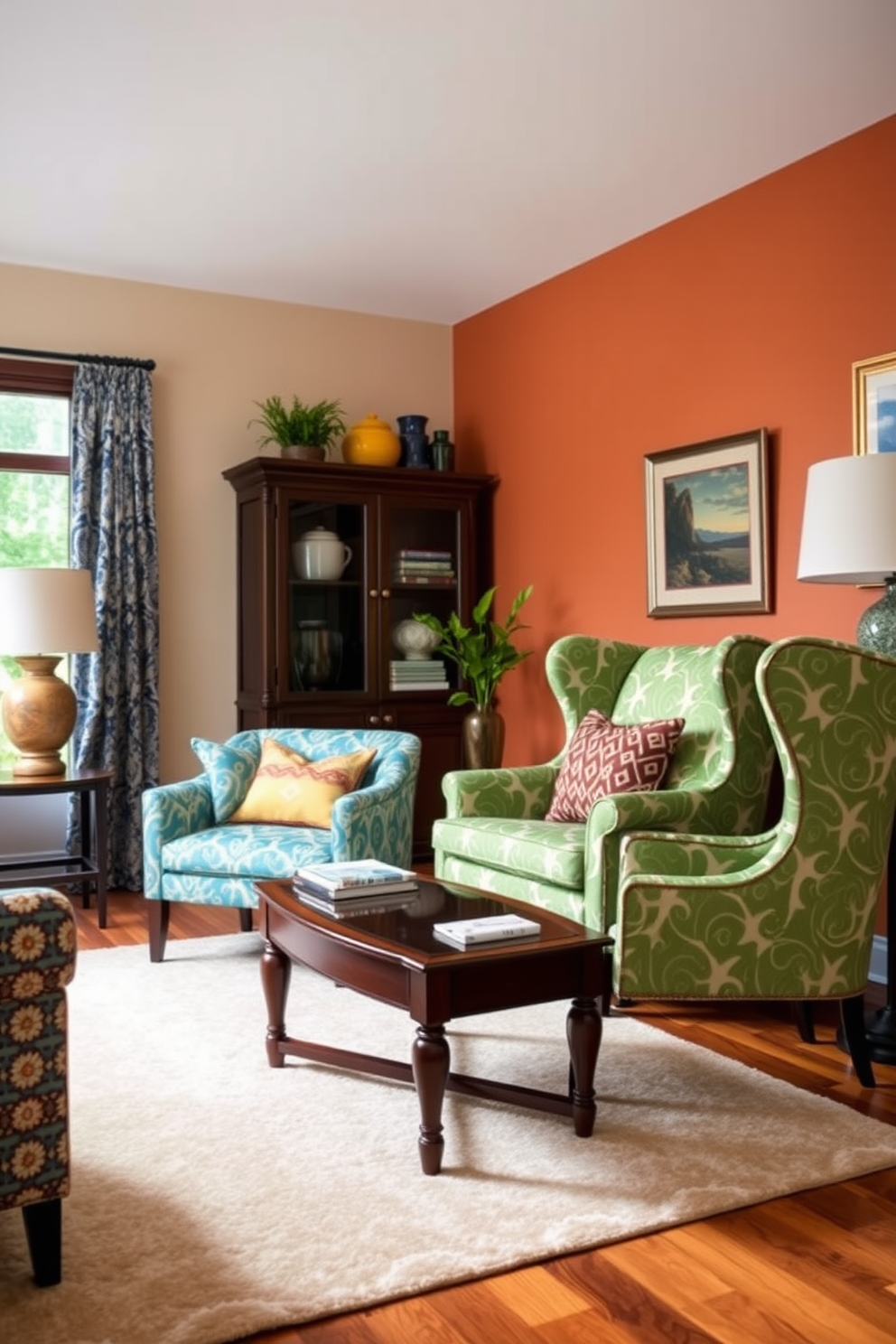 Accent chairs in vibrant patterns and colors create a lively focal point in the family room. The chairs are arranged around a cozy coffee table, inviting conversation and relaxation. The walls are painted in a warm neutral tone to complement the colorful upholstery. A large area rug anchors the seating area, adding texture and warmth to the space.