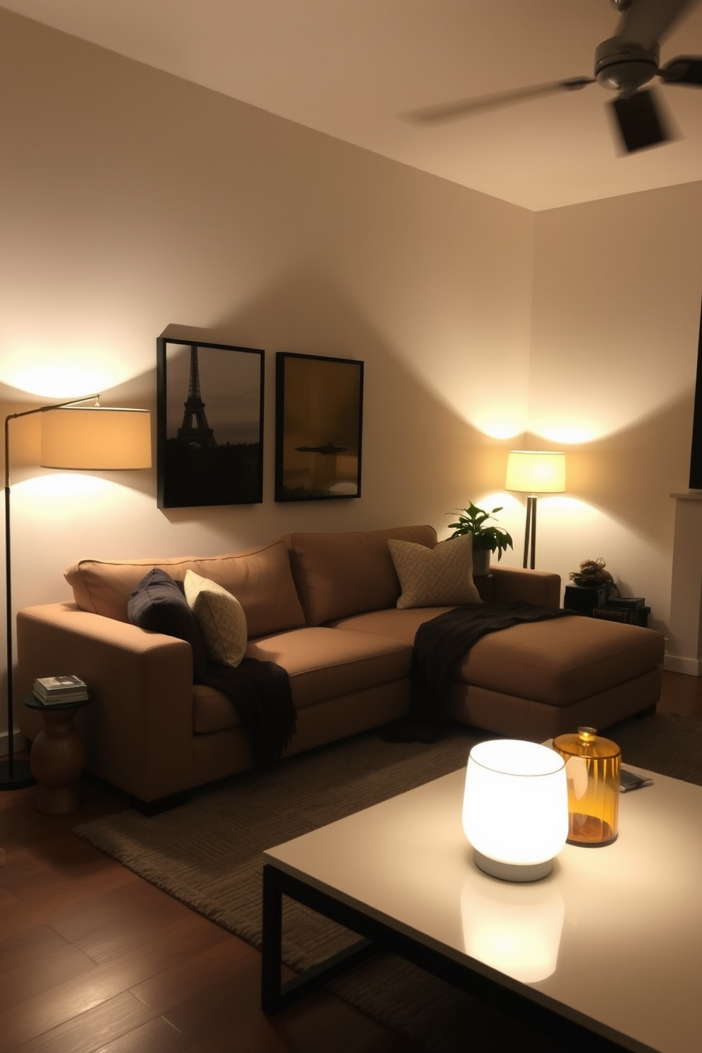 A cozy family room featuring built-in shelves filled with books and decorative items. The shelves are painted in a soft white color, seamlessly integrated into the wall, providing a perfect backdrop for a comfortable sectional sofa. In front of the sofa, a rustic coffee table adds warmth to the space, complemented by a plush area rug underneath. Large windows allow natural light to flood in, enhancing the inviting atmosphere of the room.