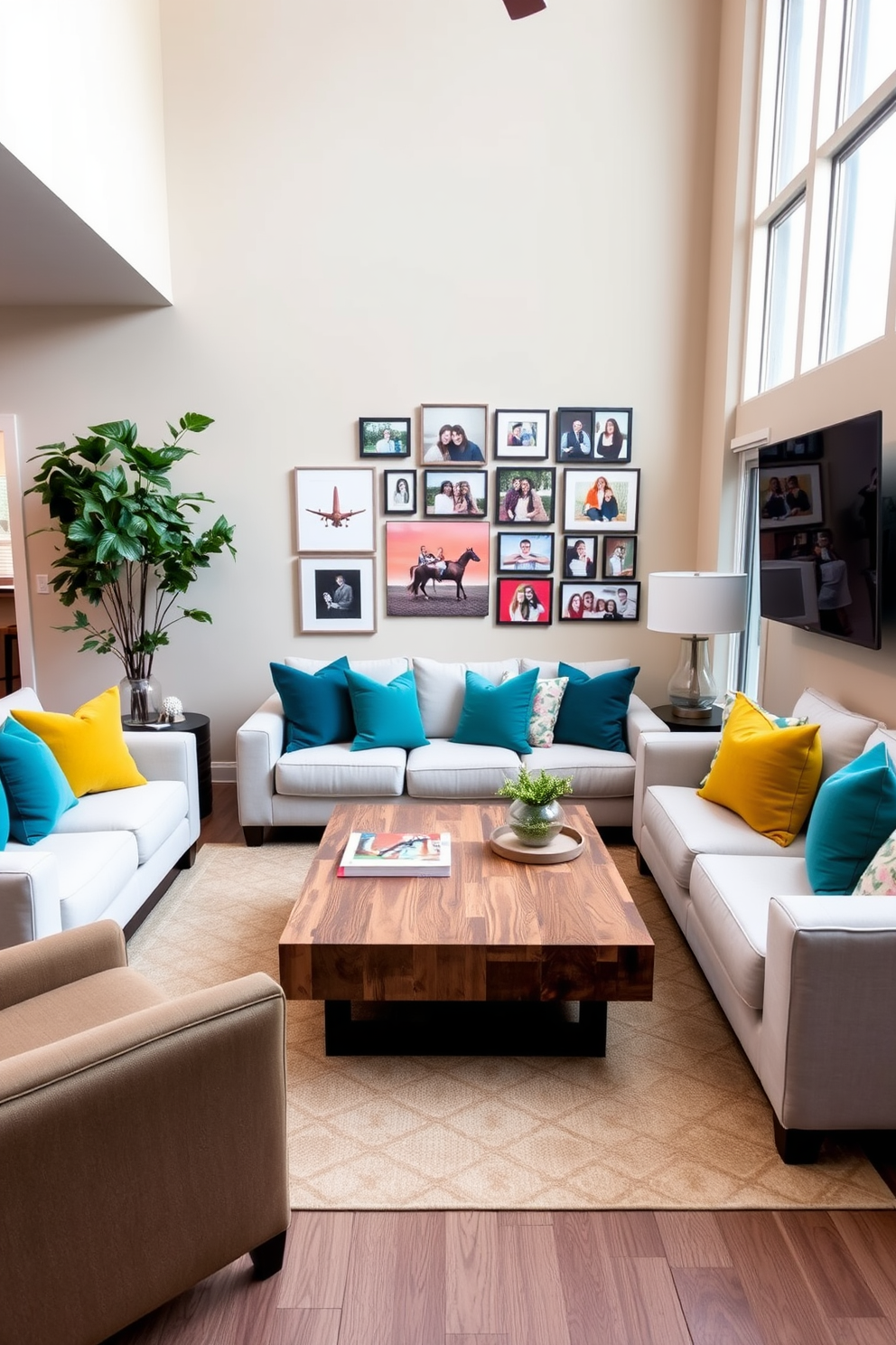 A cozy family room featuring a soft neutral color palette to create a calming vibe. Plush beige sofas are arranged around a light wood coffee table, complemented by soft cream-colored throw pillows. A large area rug with a subtle pattern anchors the seating area, while natural light floods in through sheer white curtains. A built-in bookshelf on one wall showcases family photos and decorative accents, enhancing the warm atmosphere.