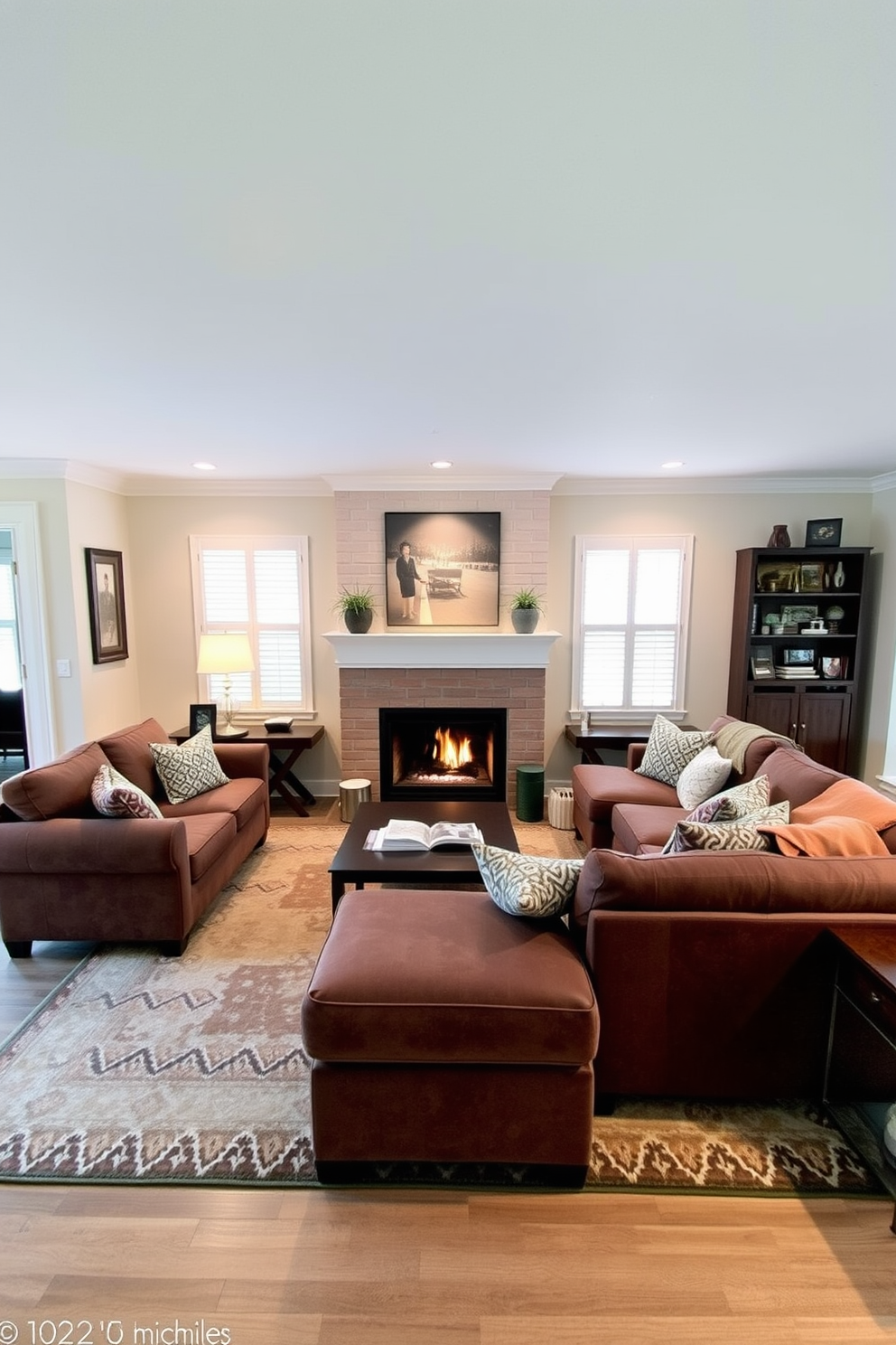 A cozy family room features a plush sectional sofa arranged around a warm, inviting fireplace. The walls are painted in soft neutrals, and a large area rug anchors the seating area, enhancing the comfort and warmth of the space.