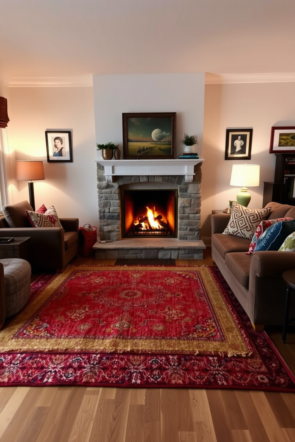 A cozy family room centered around a warm fireplace. Layered rugs in various textures and colors are placed in front of the fireplace, inviting comfort and warmth. The room features a plush sectional sofa adorned with colorful throw pillows. Soft lighting from stylish lamps creates an inviting ambiance, perfect for family gatherings.