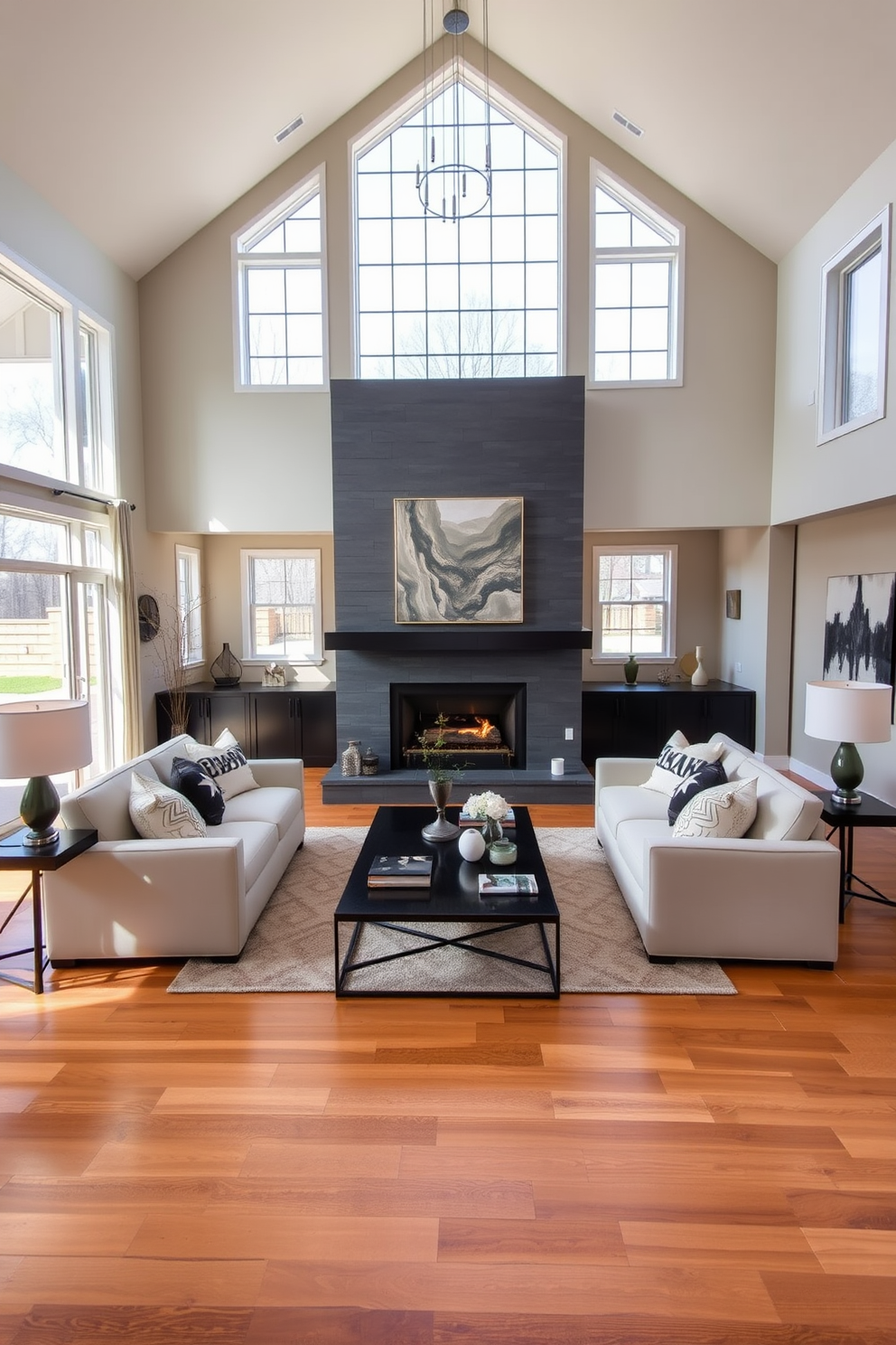 Open floor plan featuring a spacious family room with a striking fireplace as the focal point. The room is designed with comfortable seating arranged around the fireplace, creating an inviting atmosphere for gatherings. Natural light floods the space through large windows, highlighting the warm tones of the wooden flooring. Decorative elements like a stylish coffee table and contemporary artwork enhance the modern aesthetic of the family room.