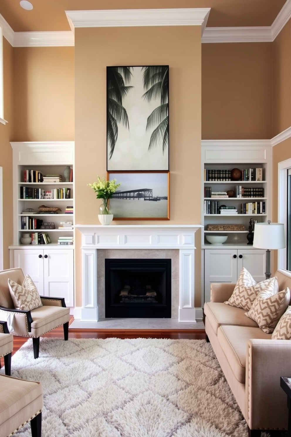 A cozy family room featuring a fireplace as the focal point. The walls are painted in warm neutral tones, complemented by a plush area rug that invites relaxation. The fireplace is surrounded by built-in shelves filled with books and decorative items. Comfortable seating arrangements include a large sectional sofa adorned with soft throw pillows and a couple of accent chairs.