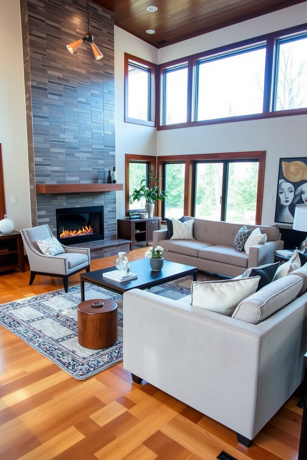 A cozy family room featuring a modern fireplace with a sleek tile design. The room is filled with comfortable seating, including a plush sectional sofa and stylish armchairs arranged around a low coffee table. Large windows allow natural light to flood the space, highlighting the warm tones of the wooden flooring. Decorative elements like a textured area rug and contemporary artwork add personality and charm to the room.