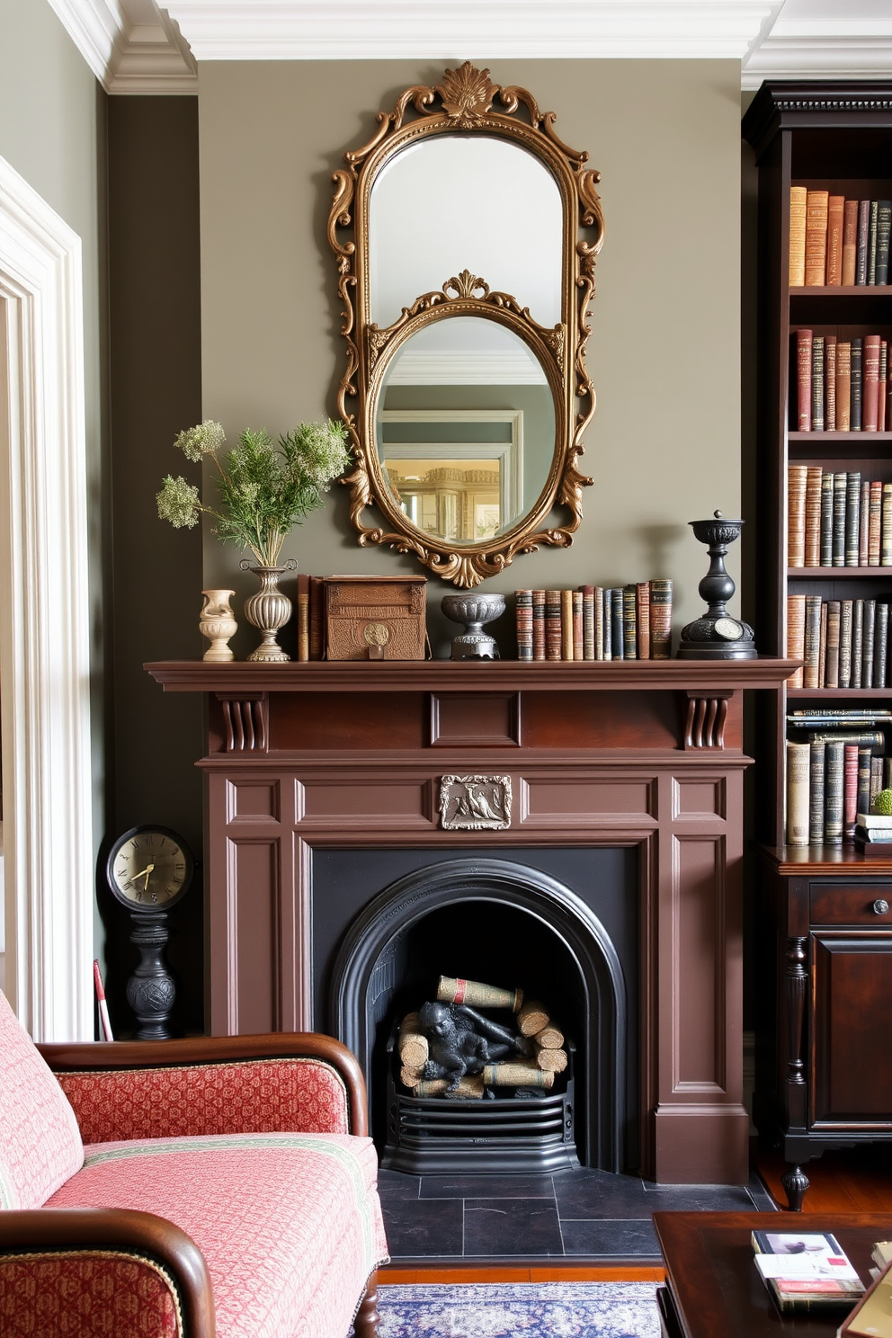 A cozy family room featuring a classic fireplace with a vintage mantel. Surrounding the fireplace are various vintage accents including an ornate mirror and a collection of antique books on a wooden shelf.