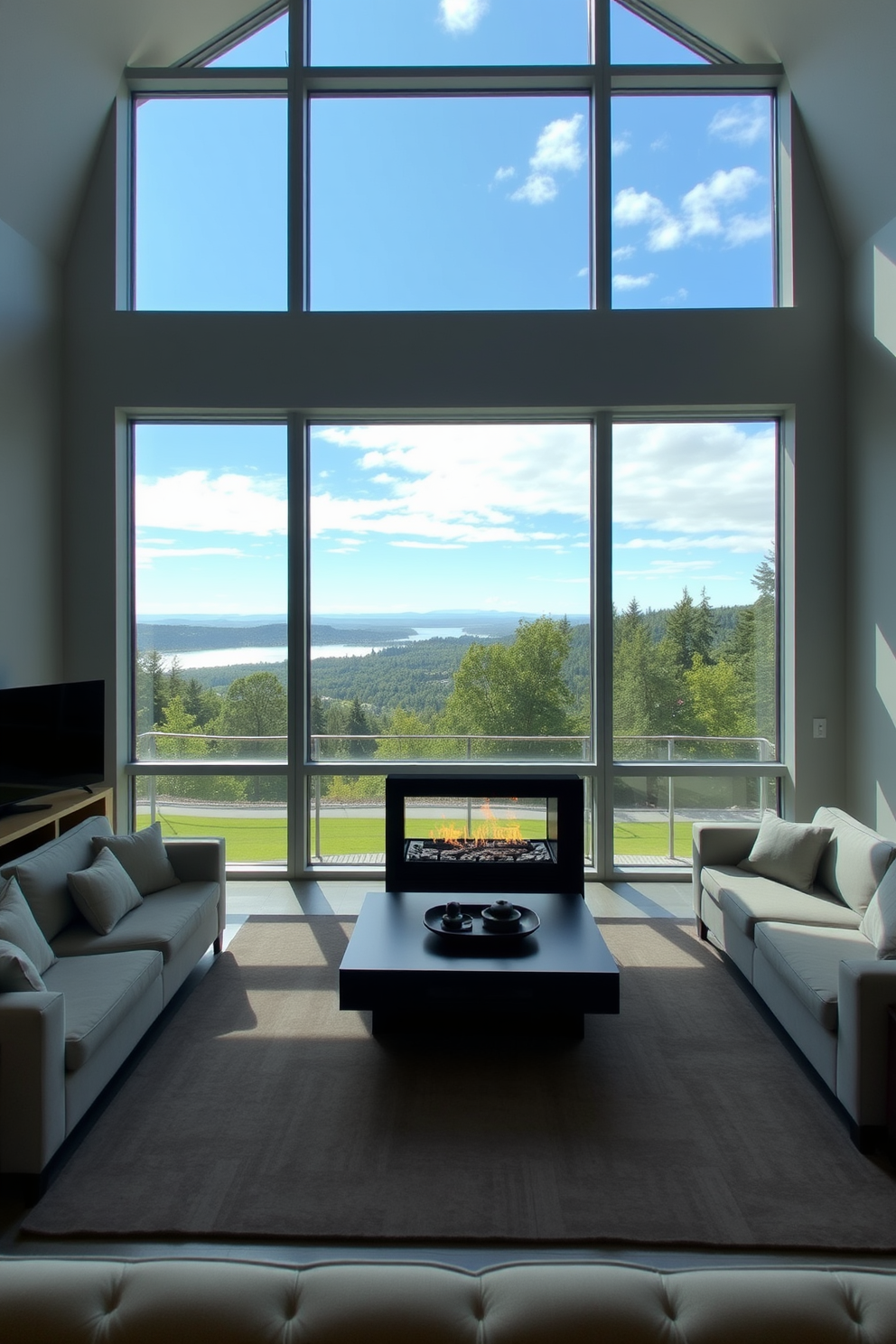 A cozy family room featuring large windows that frame a stunning view of the outdoors while allowing natural light to flood the space. The focal point of the room is a modern fireplace surrounded by comfortable seating, creating an inviting atmosphere for relaxation and gatherings.