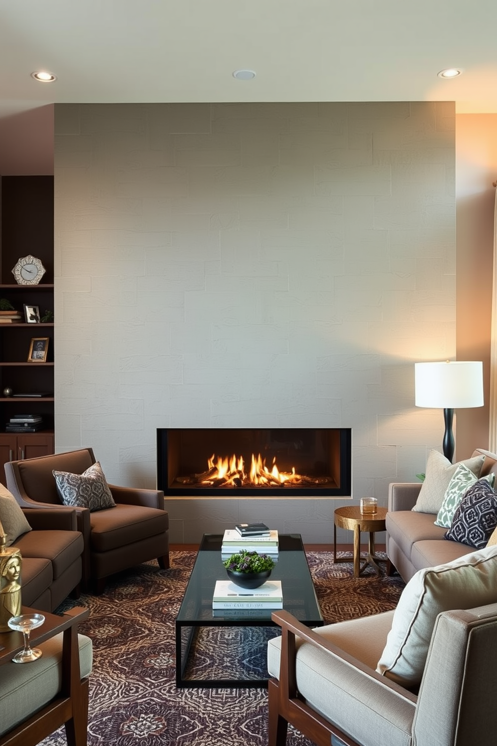 A cozy family room featuring a textured wall behind a modern fireplace. The space is designed with plush seating arrangements, warm lighting, and a mix of natural wood and soft fabrics to create an inviting atmosphere.