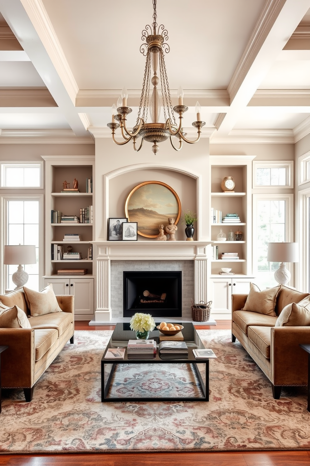 A warm and inviting family room features a grand elegant chandelier suspended gracefully above a cozy fireplace. The fireplace is framed by custom built-in shelves filled with books and decorative items, creating a focal point that enhances the room's charm. Soft neutral tones dominate the color palette, complemented by plush sofas arranged around a stylish coffee table. Large windows allow natural light to flood the space, accentuating the rich textures of the area rug and the inviting atmosphere.