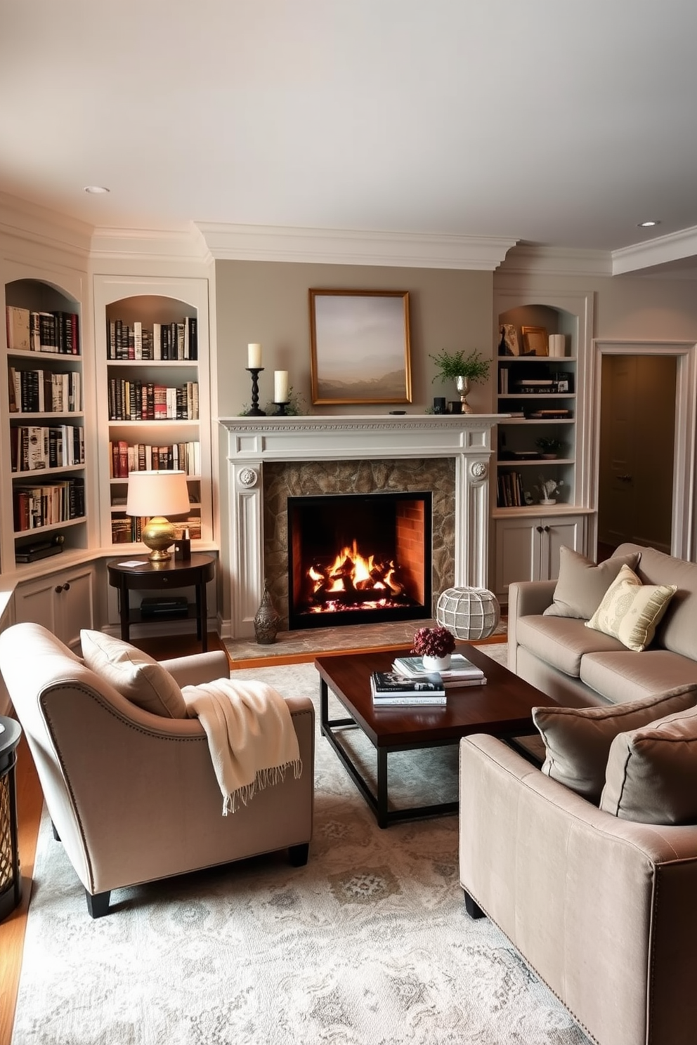 A cozy reading nook is nestled by a warm fireplace, featuring a plush armchair in a soft fabric and a small side table for books and a cup of tea. The walls are adorned with built-in bookshelves filled with a curated selection of novels, and a soft throw blanket is draped over the armchair for added comfort. In the family room, a large sectional sofa invites relaxation, complemented by a stylish coffee table at the center. The fireplace serves as a focal point, framed by elegant mantel decor and surrounded by comfortable seating that encourages family gatherings and cozy evenings.