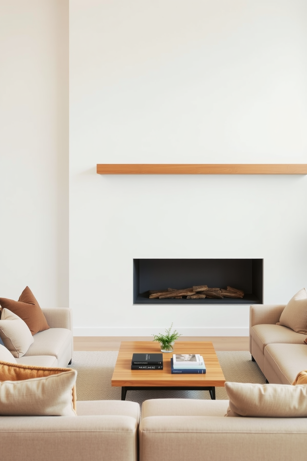 A minimalist fireplace is the focal point of the family room, featuring a sleek, linear mantel made of natural wood. The surrounding walls are painted in a soft white, enhancing the airy feel of the space while complementing the warm tones of the fireplace. Comfortable seating is arranged around the fireplace, with a low-profile sectional sofa in a neutral fabric. A simple coffee table sits in the center, adorned with a few decorative books and a small plant to add a touch of greenery.