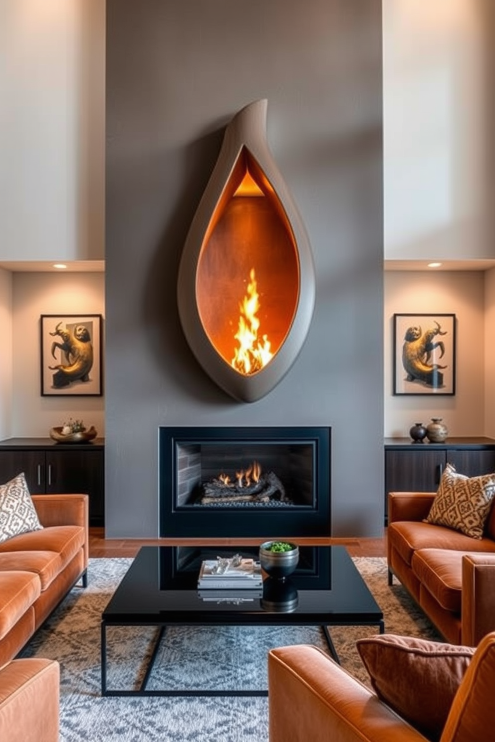 A striking fireplace serves as the focal point of the family room, featuring a unique sculptural design that blends modern art with functionality. Surrounding the fireplace, plush seating in warm tones creates an inviting atmosphere, complemented by a stylish coffee table that adds a touch of elegance.