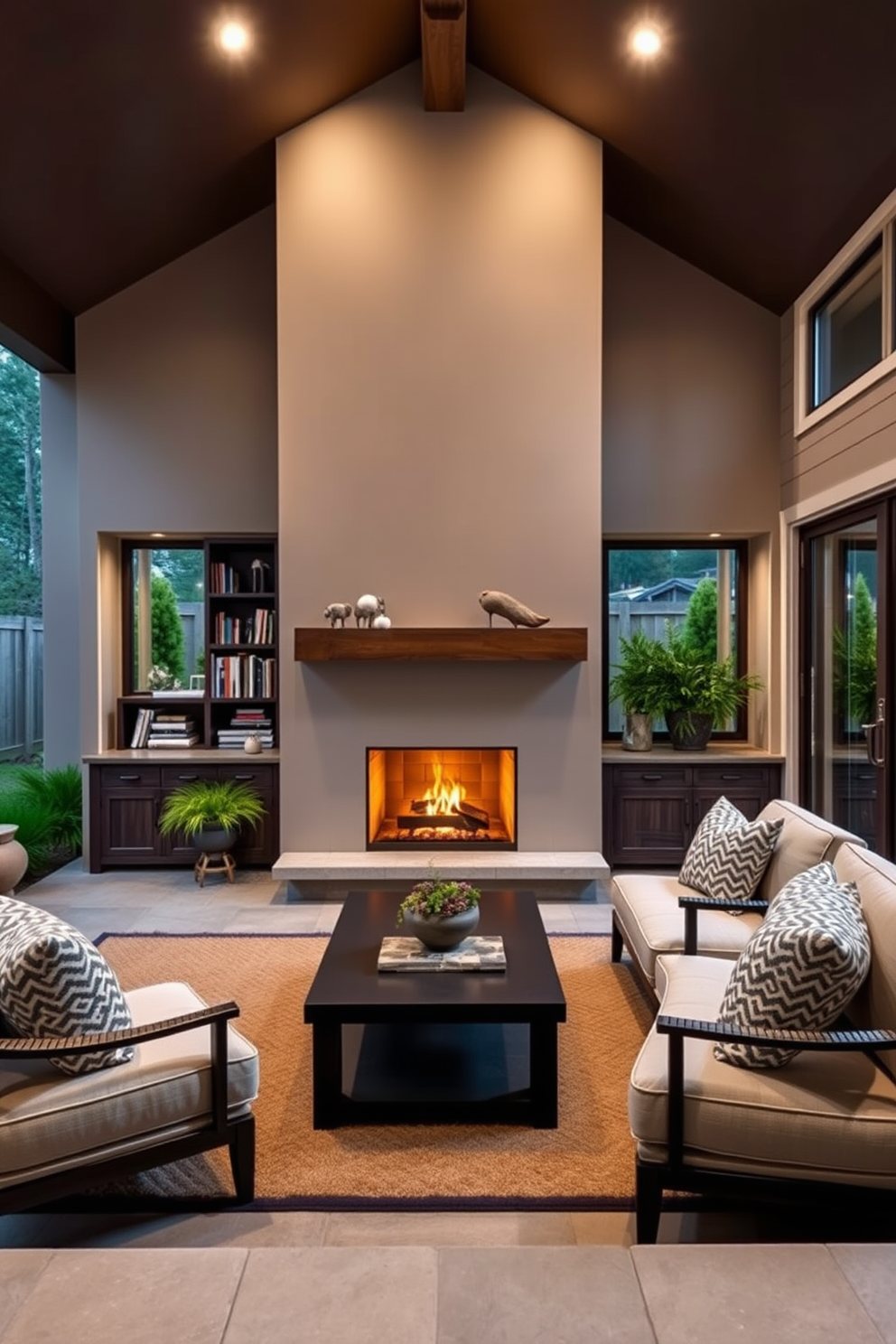 A cozy outdoor fireplace enhances the living space, creating a warm gathering spot for family and friends. The seating area is arranged with comfortable chairs and a stylish coffee table, surrounded by lush greenery and soft outdoor lighting. In the family room, the fireplace serves as a stunning focal point, framed by built-in shelves displaying books and decorative items. Large windows invite natural light, while plush sofas and textured throw pillows add to the inviting atmosphere.