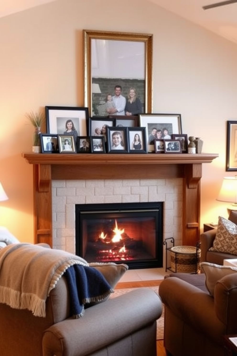 A cozy family room featuring a warm fireplace as the focal point. The mantel is adorned with framed family photos, showcasing cherished memories and adding a personal touch to the space. Comfortable seating is arranged around the fireplace, inviting gatherings and relaxation. Soft throw blankets and decorative pillows enhance the inviting atmosphere, while warm lighting creates a welcoming ambiance.