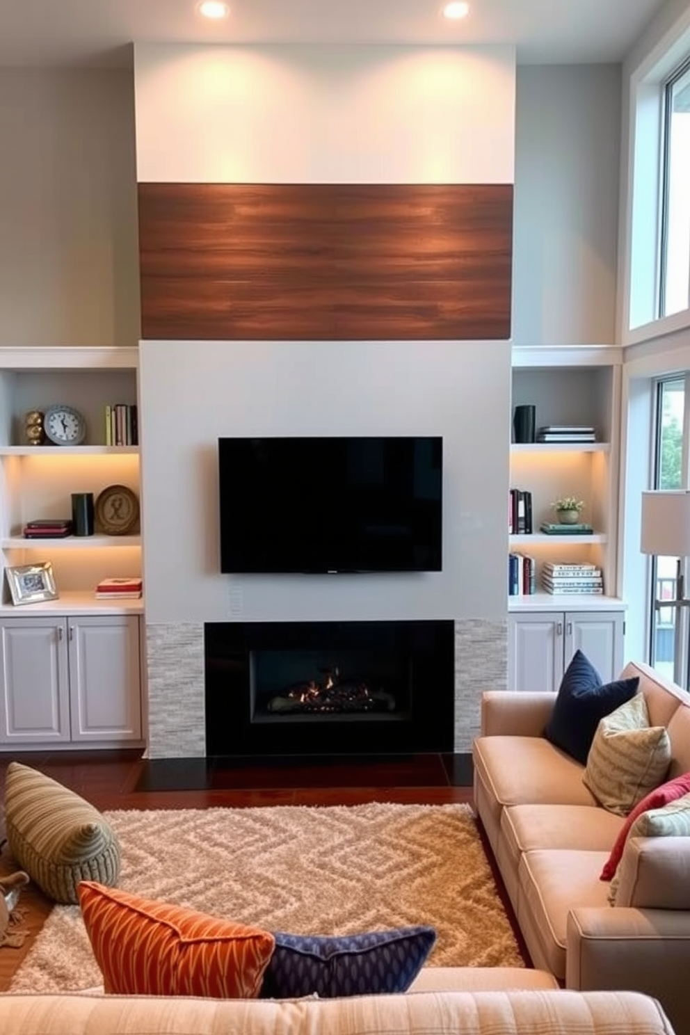 A modern family room featuring a sleek fireplace integrated with a custom TV unit. The fireplace is framed with elegant stone, and the TV unit has built-in shelving on either side for decorative accents and books. The seating arrangement includes a plush sectional sofa in neutral tones, complemented by colorful throw pillows. A cozy area rug anchors the space, while large windows allow natural light to flood the room.