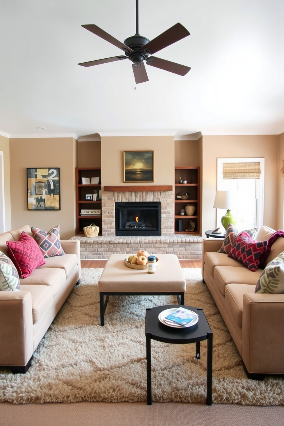 A cozy family room features a stunning fireplace as the focal point, surrounded by comfortable seating adorned with colorful throw pillows. The walls are painted in a warm neutral tone, and a soft area rug anchors the space, creating an inviting atmosphere for relaxation and gatherings.