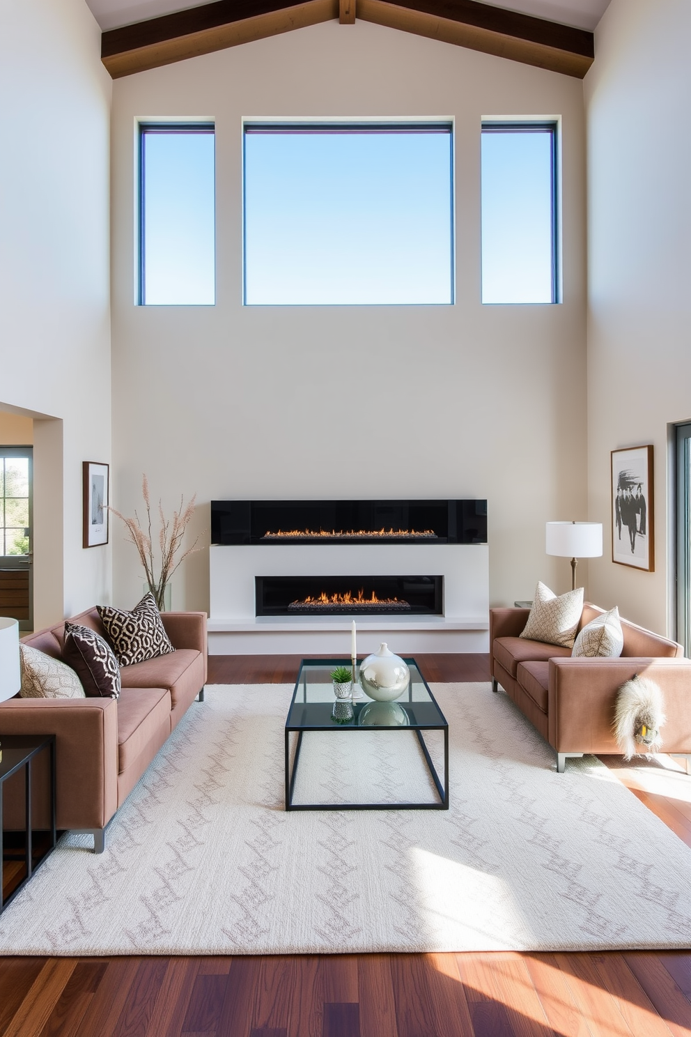 A contemporary family room featuring a sleek linear fireplace as the focal point. The walls are adorned with neutral tones, complemented by a plush sectional sofa and a stylish coffee table in the center. Large windows allow natural light to flood the space, creating an inviting atmosphere. Decorative elements like a geometric rug and modern art pieces enhance the overall aesthetic while maintaining a cozy vibe.