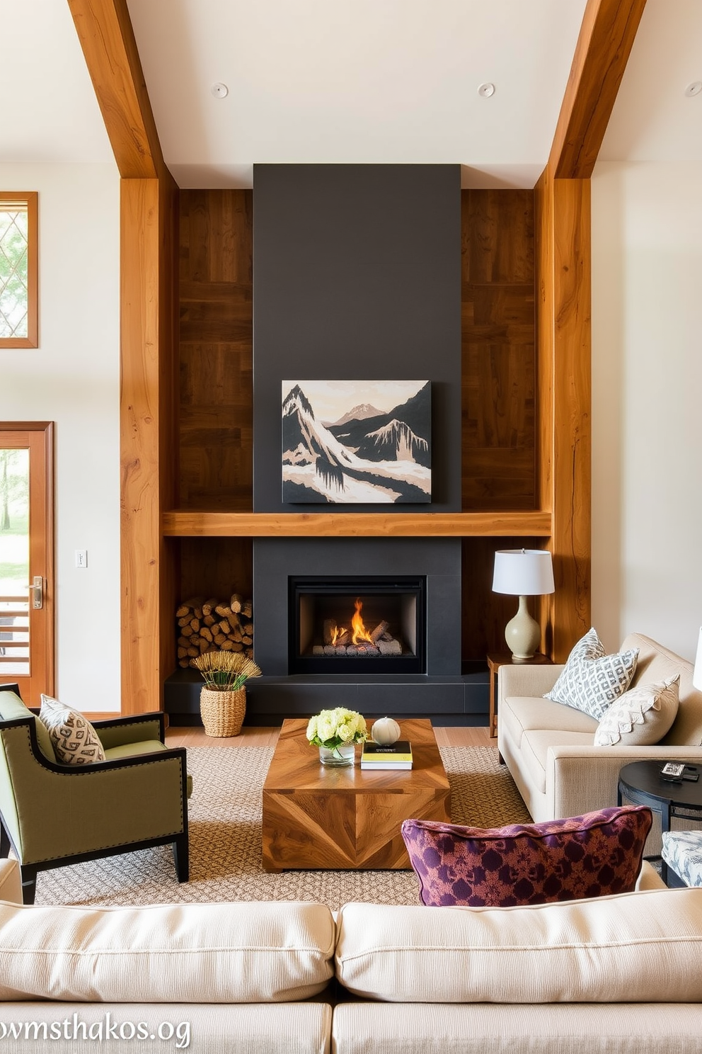 A cozy family room featuring natural wood accents surrounding a modern fireplace. The room is filled with comfortable seating, including a plush sectional sofa and a pair of accent chairs, all arranged to create an inviting gathering space.