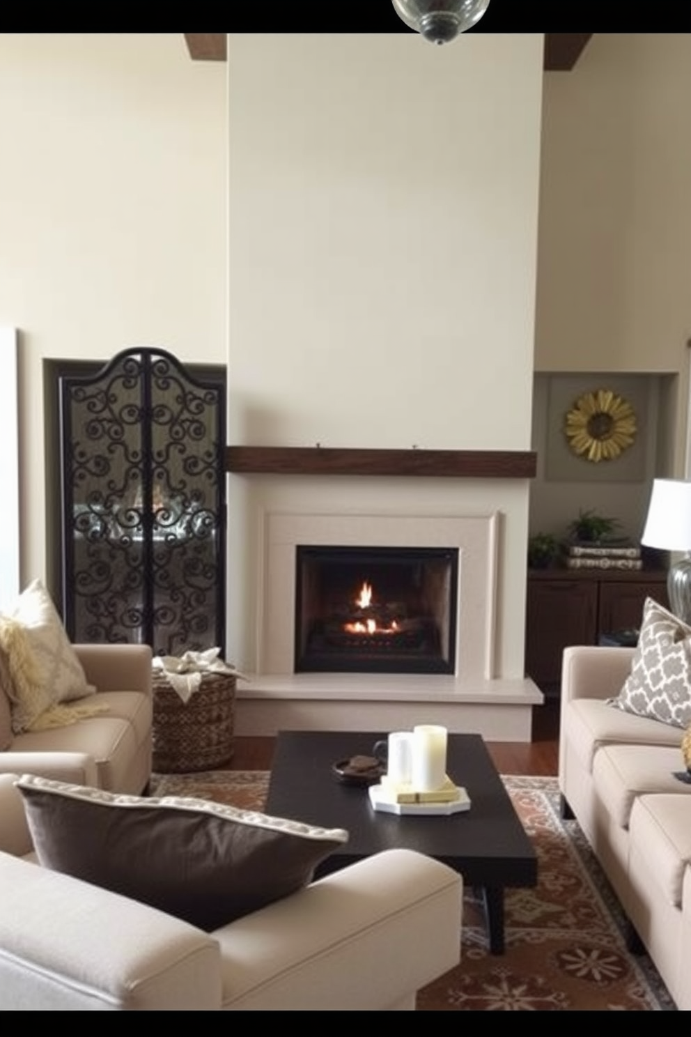 A decorative screen stands elegantly in front of a cozy fireplace, serving as a focal point in the family room. The screen features intricate patterns that complement the warm tones of the room's decor. The family room is designed for comfort and style, with plush seating arranged around the fireplace. Soft throw pillows and a stylish area rug enhance the inviting atmosphere, making it perfect for gatherings.