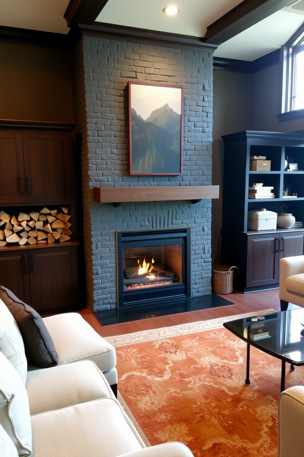 A cozy family room features a stylish fireplace with a built-in wood storage unit on one side. The room is adorned with plush seating, a warm area rug, and soft lighting that creates an inviting atmosphere.