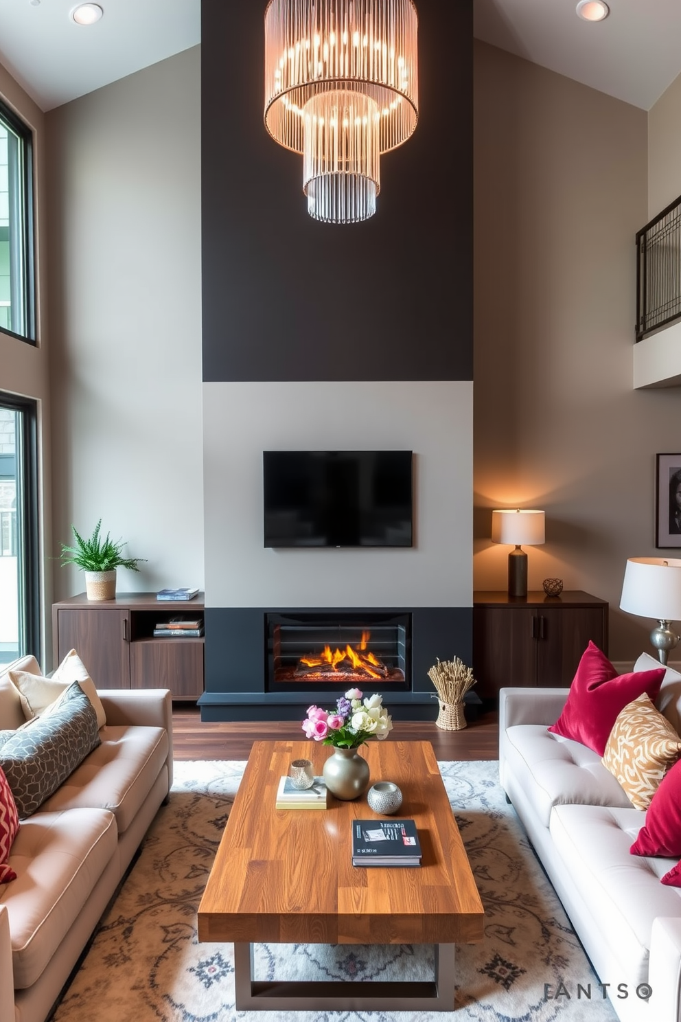 A cozy family room featuring a modern fireplace as the focal point. Above the fireplace, a stunning statement lighting fixture hangs, casting a warm glow over the seating area. The room is designed with plush sofas in neutral tones, accented by colorful throw pillows. A large area rug defines the space, while a wooden coffee table adds a touch of warmth and functionality.