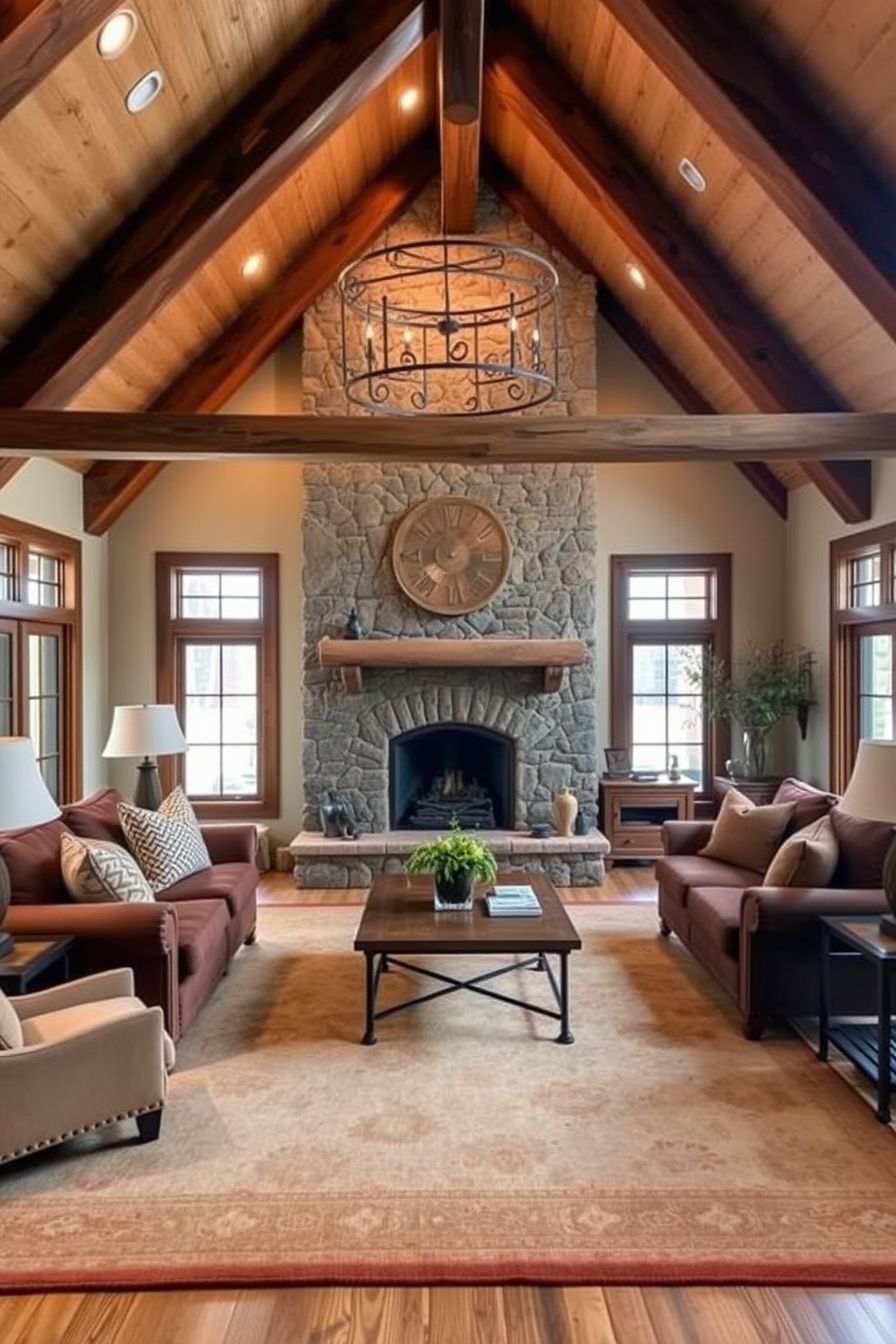 A cozy family room featuring rustic wood beams above a warm stone fireplace. The room is adorned with plush seating in earthy tones, and a large area rug anchors the space, creating an inviting atmosphere.